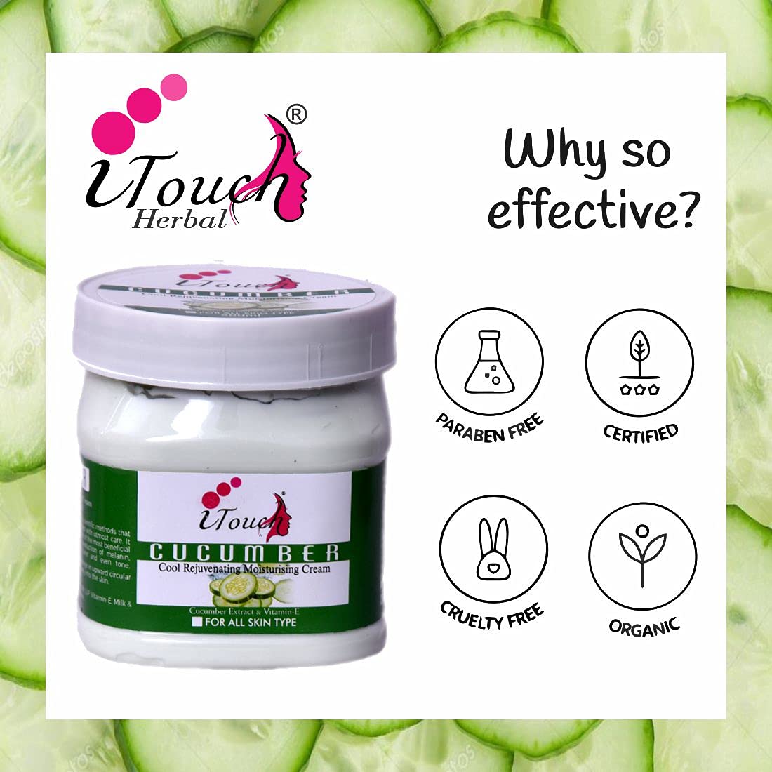 I TOUCH HERBAL Cucumber Cream for Face & Body - Moisturizing, Whitening & Brightening Cream | Softening & Nourishing Facial & Body Lotion (500ml) | Perfect for Dry Skin, Day & Night Hydration