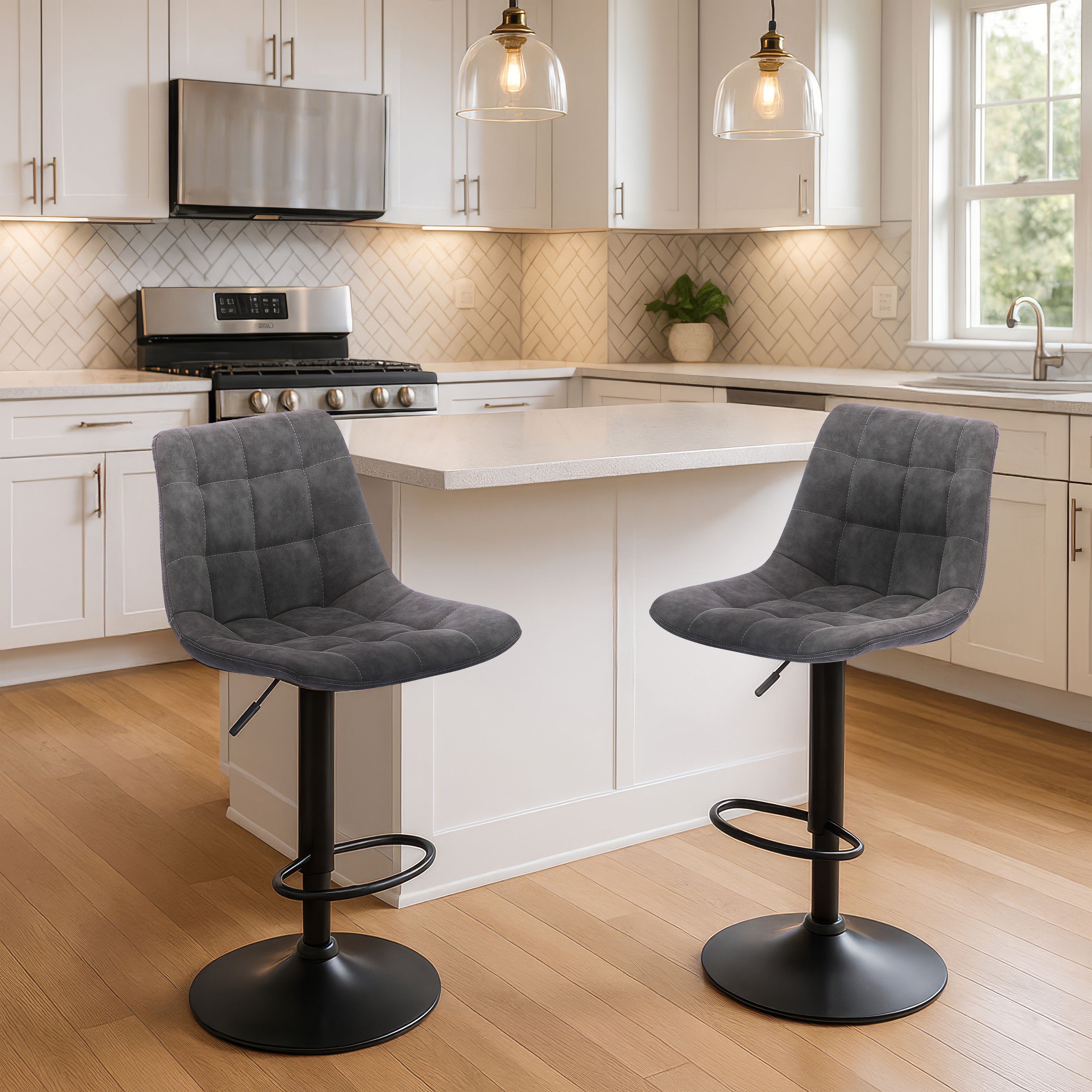 Urban Style Black PU Gas Lift Bar Stools - Set of 2 Metal Bar Height Stools for Kitchen Island, Breakfast Nook & Home Bar Decor