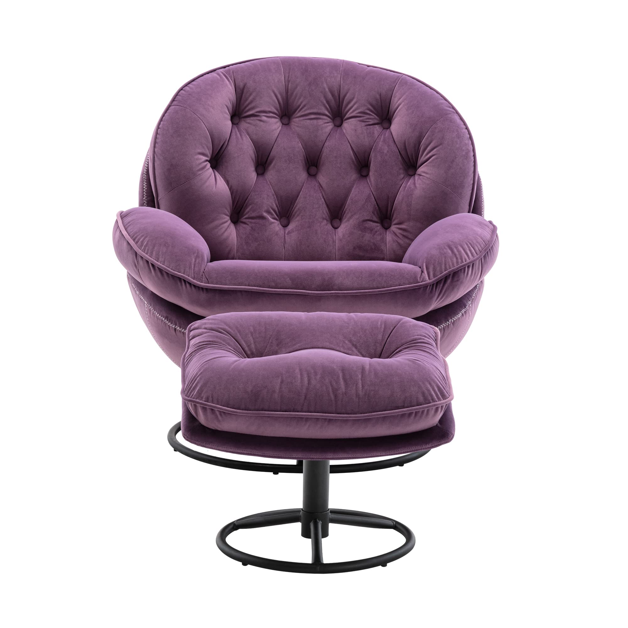 Modern Velvet Accent Chair with Ottoman Set - Swivel Lounge Chair for Living Room, Home Office & Club - Purple Velvet Upholstery with Sturdy Metal Legs - Perfect for Relaxing, Reading & Entertaining Guests
