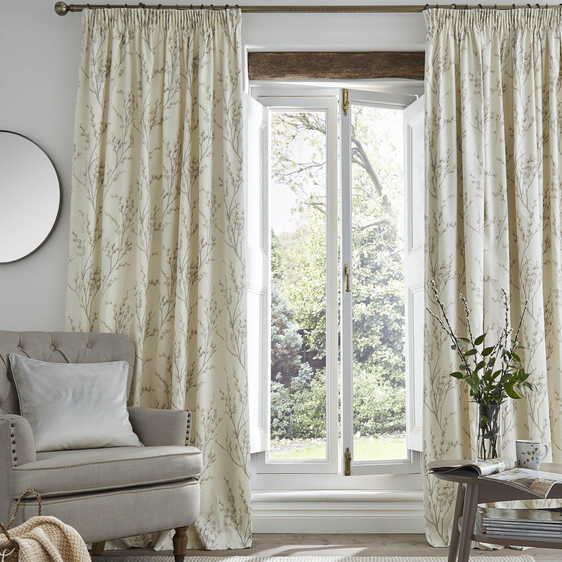 Laura Ashley Pussy Willow Pencil Pleat Curtains - Elegant Floral Print Window Treatments for Living Room & Bedroom Decor
