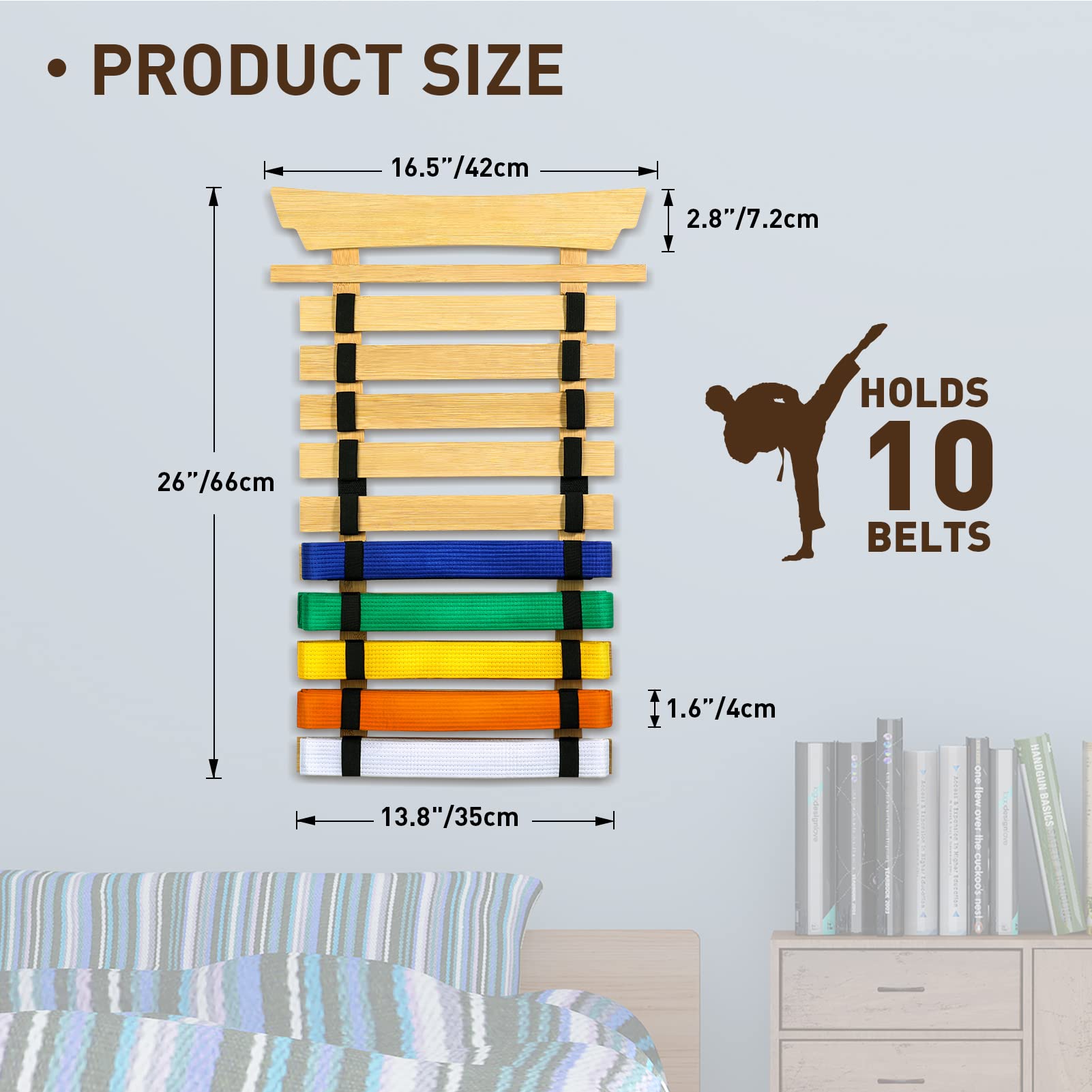 10-Piece Karate Belt Display Rack with Stickers - Taekwondo & BJJ Belt Holder for Kids & Adults - No Assembly Required Martial Arts Equipment - Perfect for Dojo, Gym & Home Organization