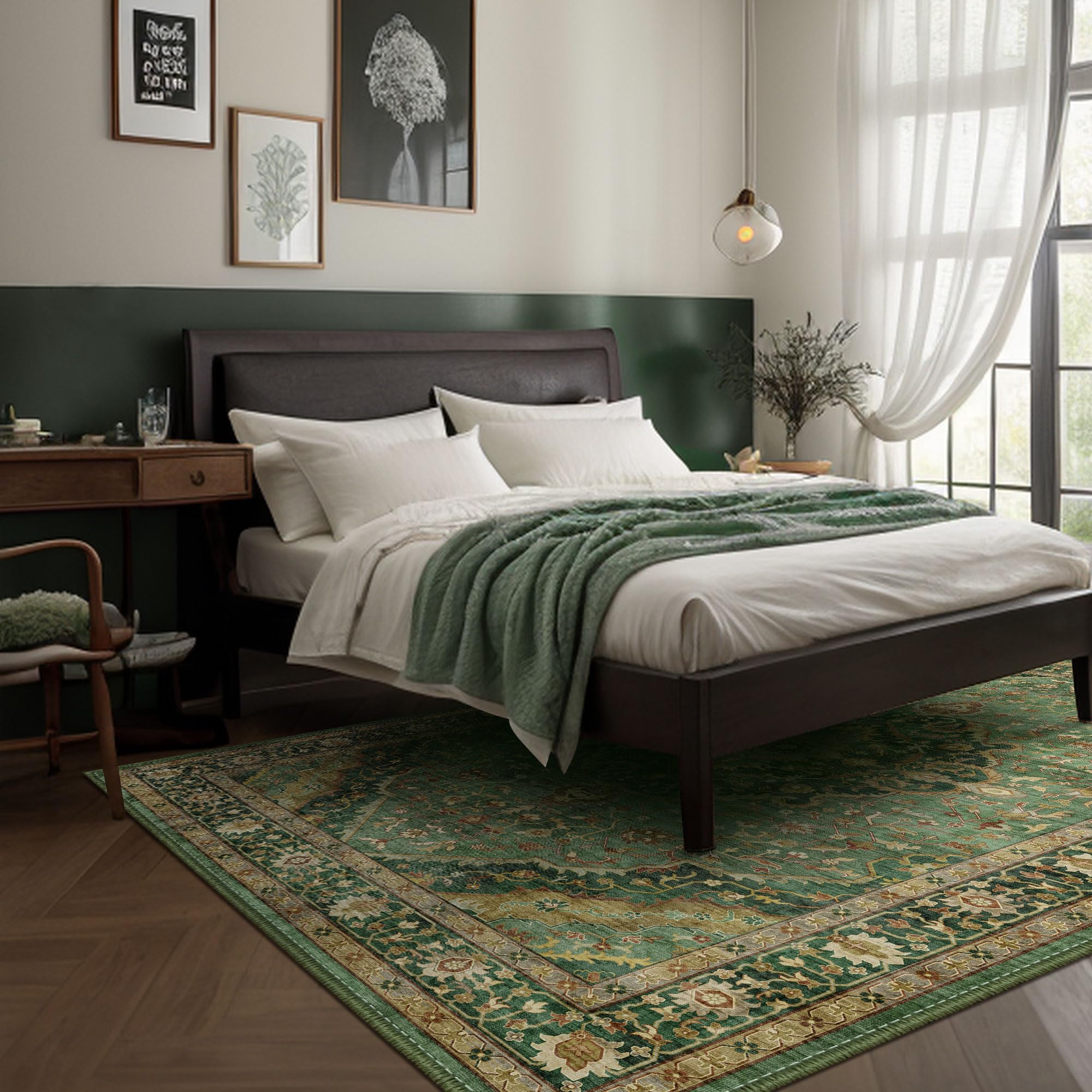 6x9 Vintage Washable Non-Slip Area Rug - Low-Pile Kid & Pet Friendly Floor Mat for Dining Room, Living Room, Bedroom & Office Decor (Border Green) | Perfect for Home Decor, Family Gatherings & High-Traffic Areas
