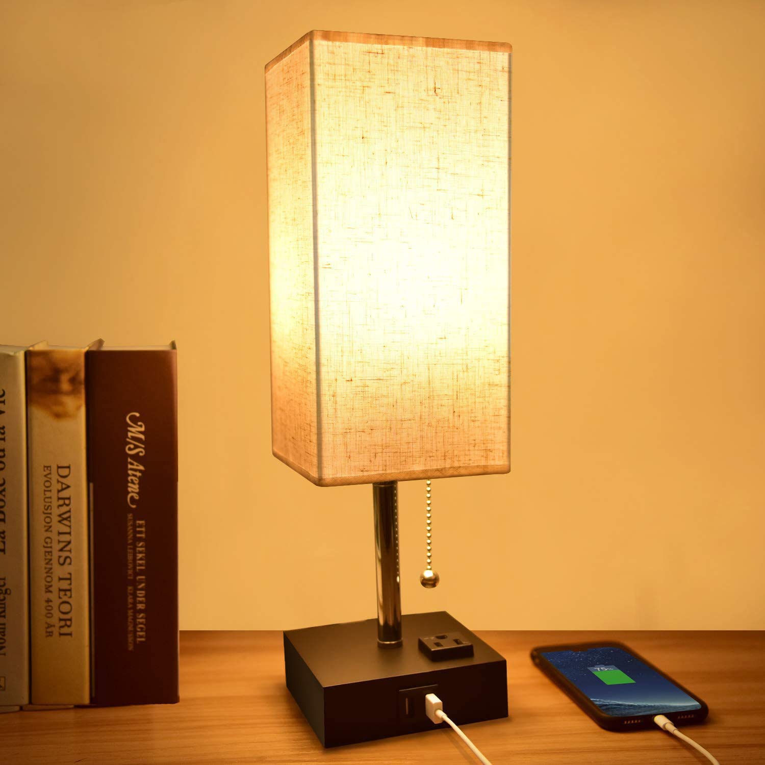 Comzler USB Table Lamp with USB Port - Rechargeable Bedside Nightstand Lamp, Warm LED Bulb & Fabric Shade, Perfect Ambient Lighting for Bedroom, Office, or Nursery | Ideal for Reading, Relaxing & Device Charging