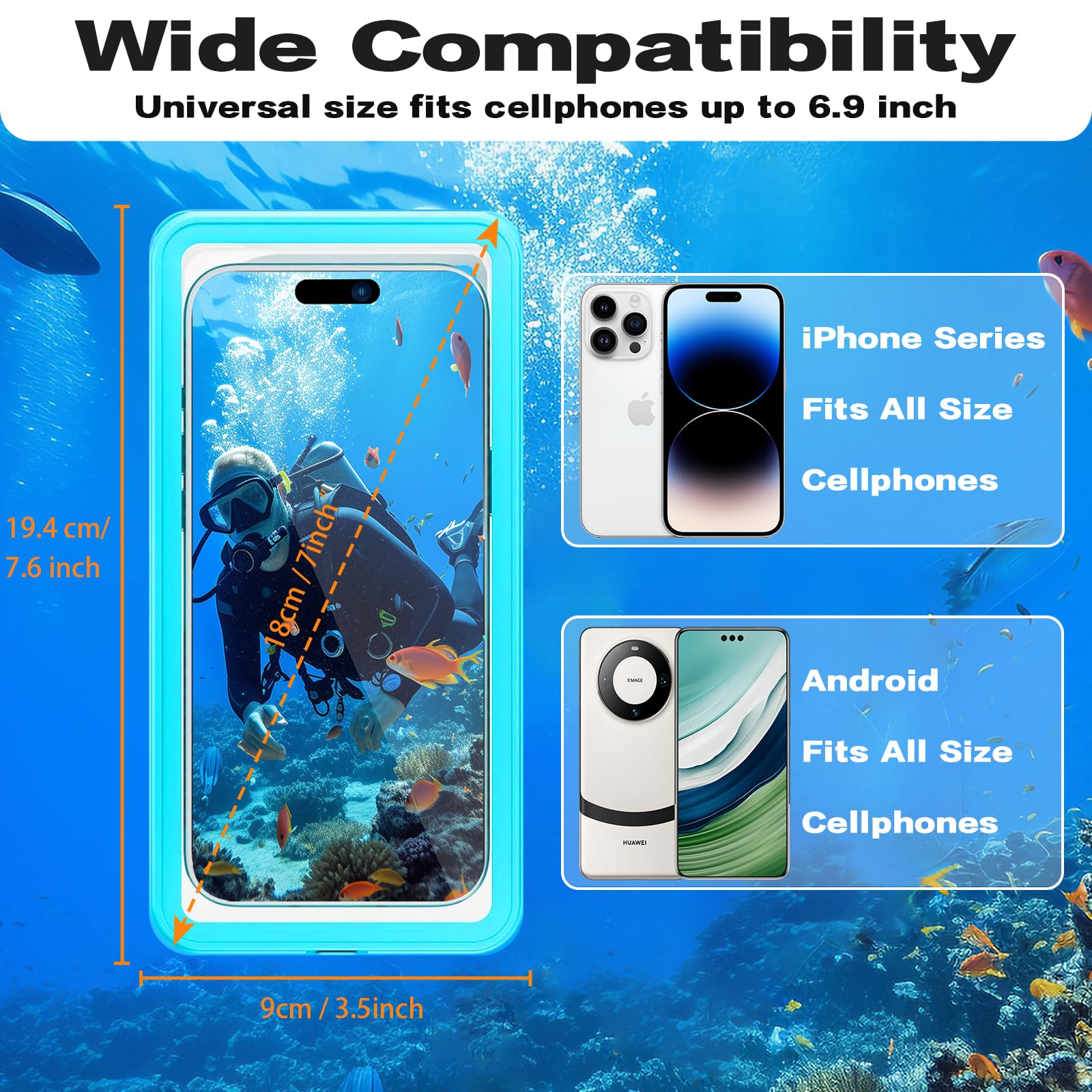 Waterproof Phone Case IPX8 - Underwater Diving & Snorkeling Protection for iPhone 16 Pro Max/15/14/Galaxy S24 (Up to 6.9 Inch) - 360° Full Body Shockproof Cover - Perfect for Beach, Pool, Cruise & Water Sports (Cyan Blue)