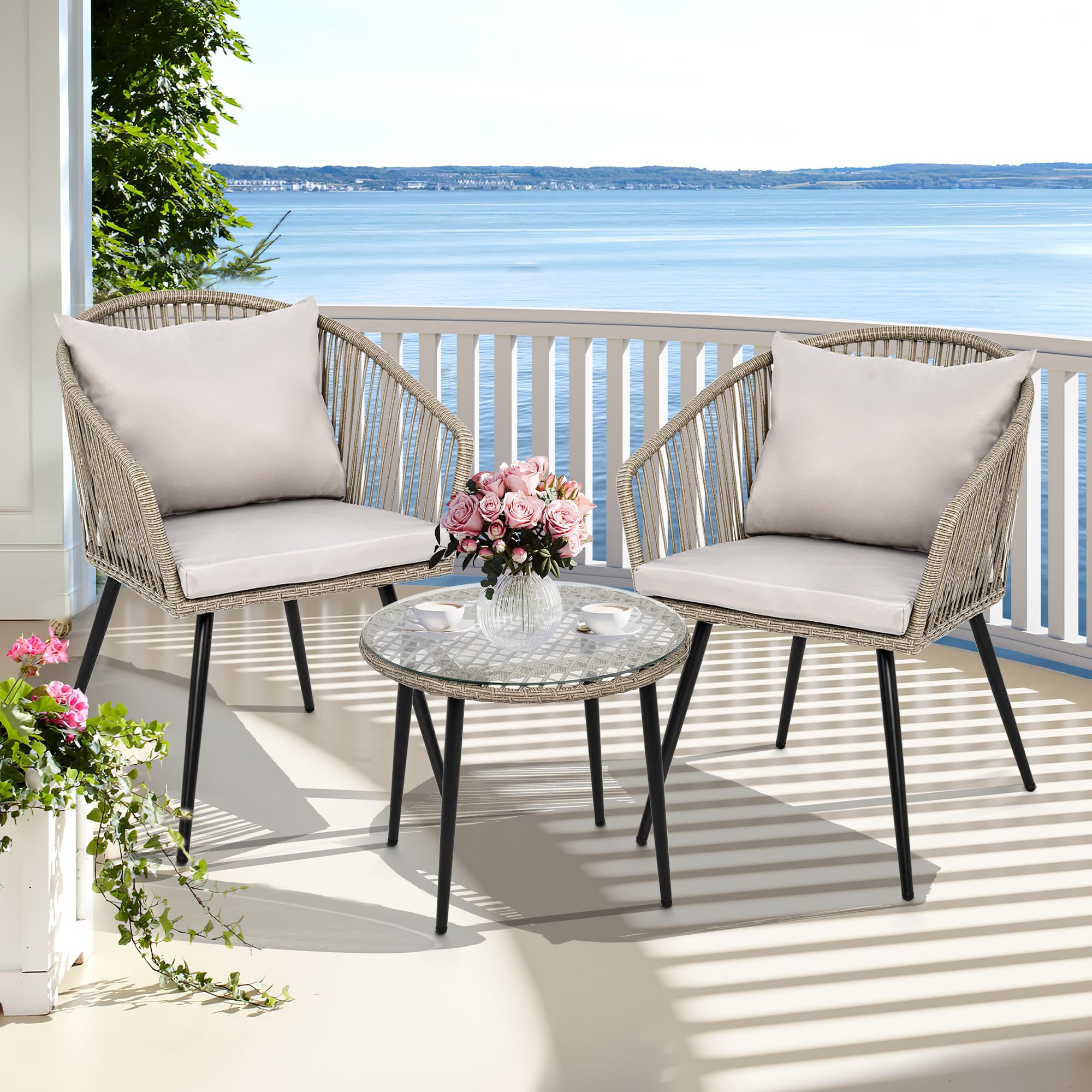 YITAHOME 3-Piece Wicker Patio Furniture Set - Outdoor Rattan Chairs with Cushions & Glass Side Table - Gray Balcony Conversation Set for Backyard, Apartment, Garden (Perfect for Relaxing & Entertaining Outdoors)