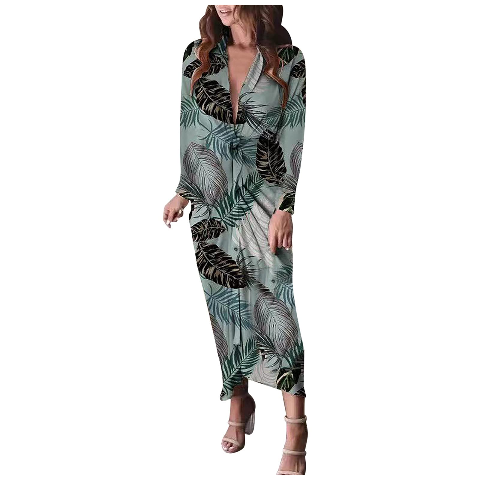 Women's Floral V-Neck Long Sleeve Casual Maxi Shirt Dress with Belt - Ruched Waist Loose Fit Wedding Guest Dress for Fall, Spring & Summer Occasions