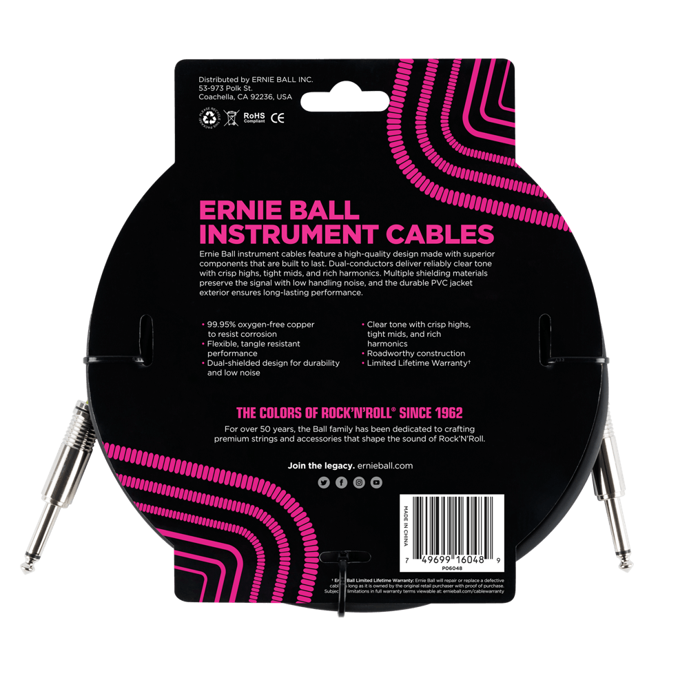 Ernie Ball 10ft Straight Instrument Cable - High-Quality Guitar/Bass Cable for Professional Musicians | Perfect for Live Performances, Studio Recording & Home Practice (Black)