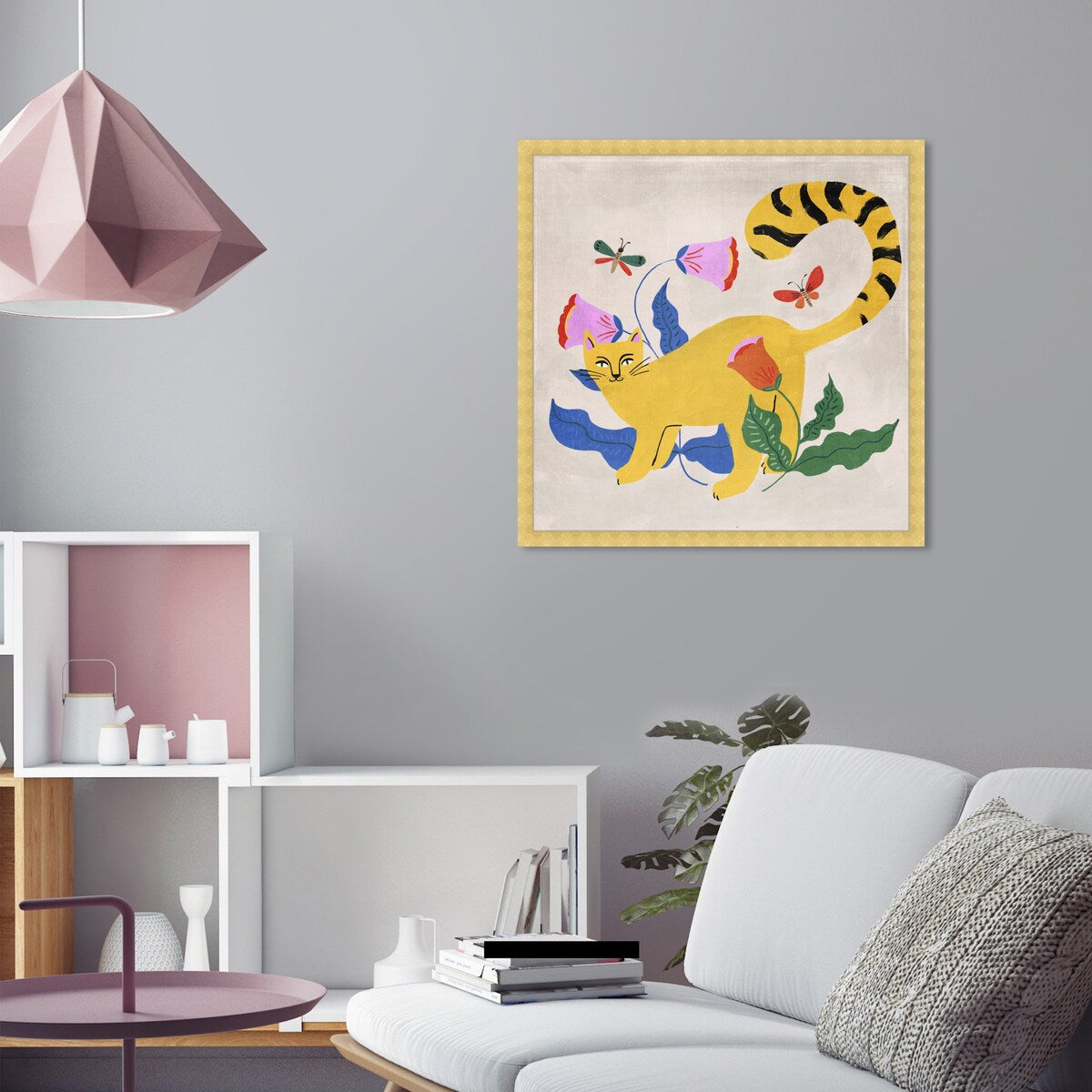 Blonde Tabby Floral Kitten Butterfly Garden Modern Yellow Framed Wall Art Print - Cute Cat Painting for Bedroom, Living Room & Nursery Decor