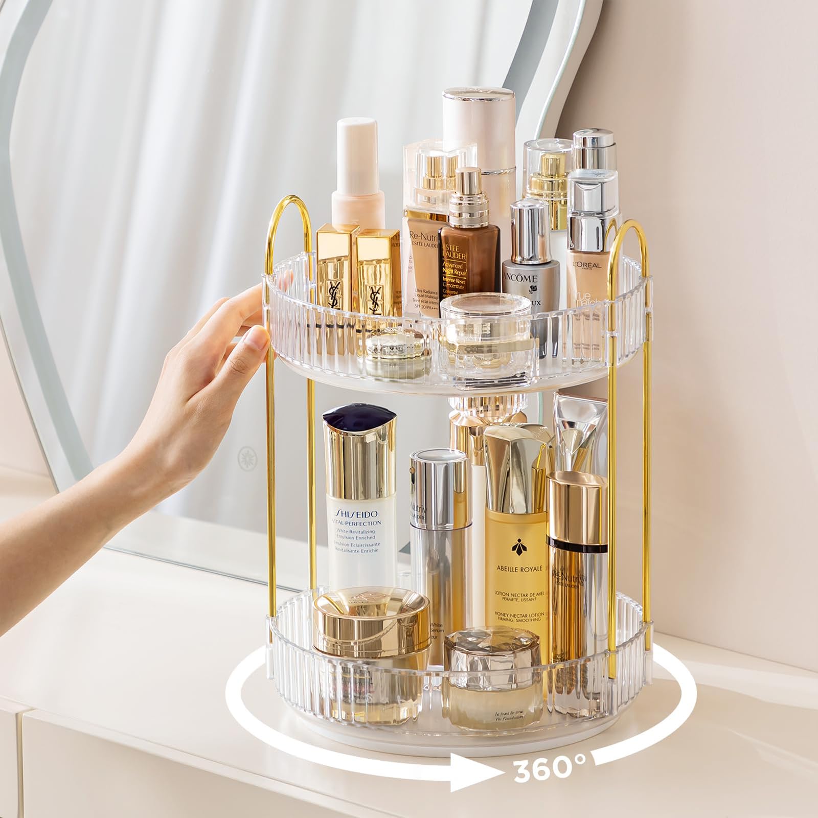 360° Rotating Acrylic Makeup Organizer - 2 Tier Spinning Cosmetic Storage for Perfume, Skincare & Beauty Products - Clear Vanity Desk Organizer for Bedroom, Bathroom & Countertop - Perfect for Daily Makeup Routine & Travel Beauty Essentials