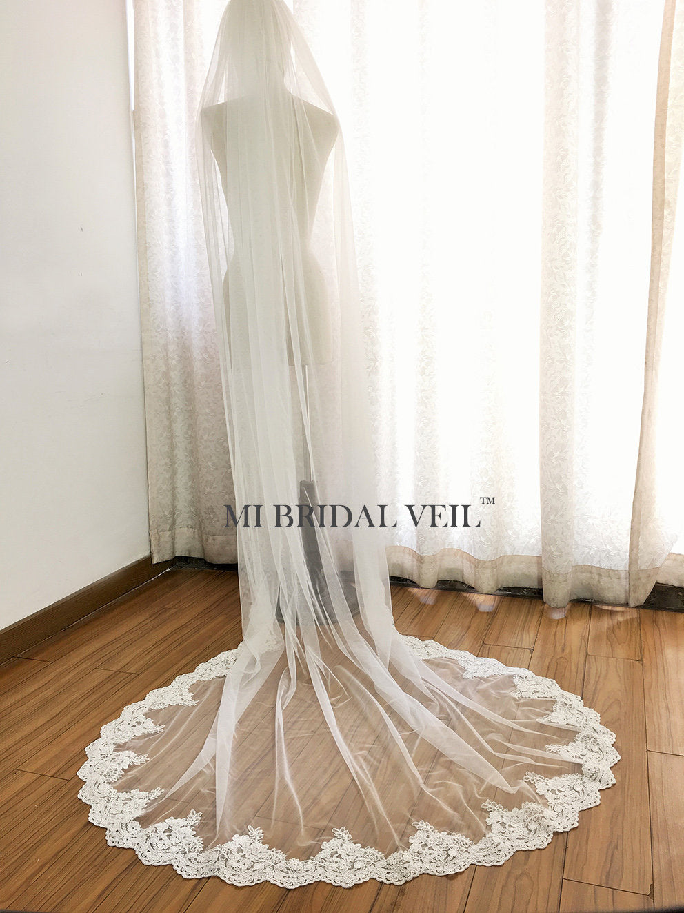 Elegant Cathedral Rose Lace Wedding Veil with Partial Lace Trim - Perfect for Bridal Ceremonies, First Dances & Romantic Photoshoots