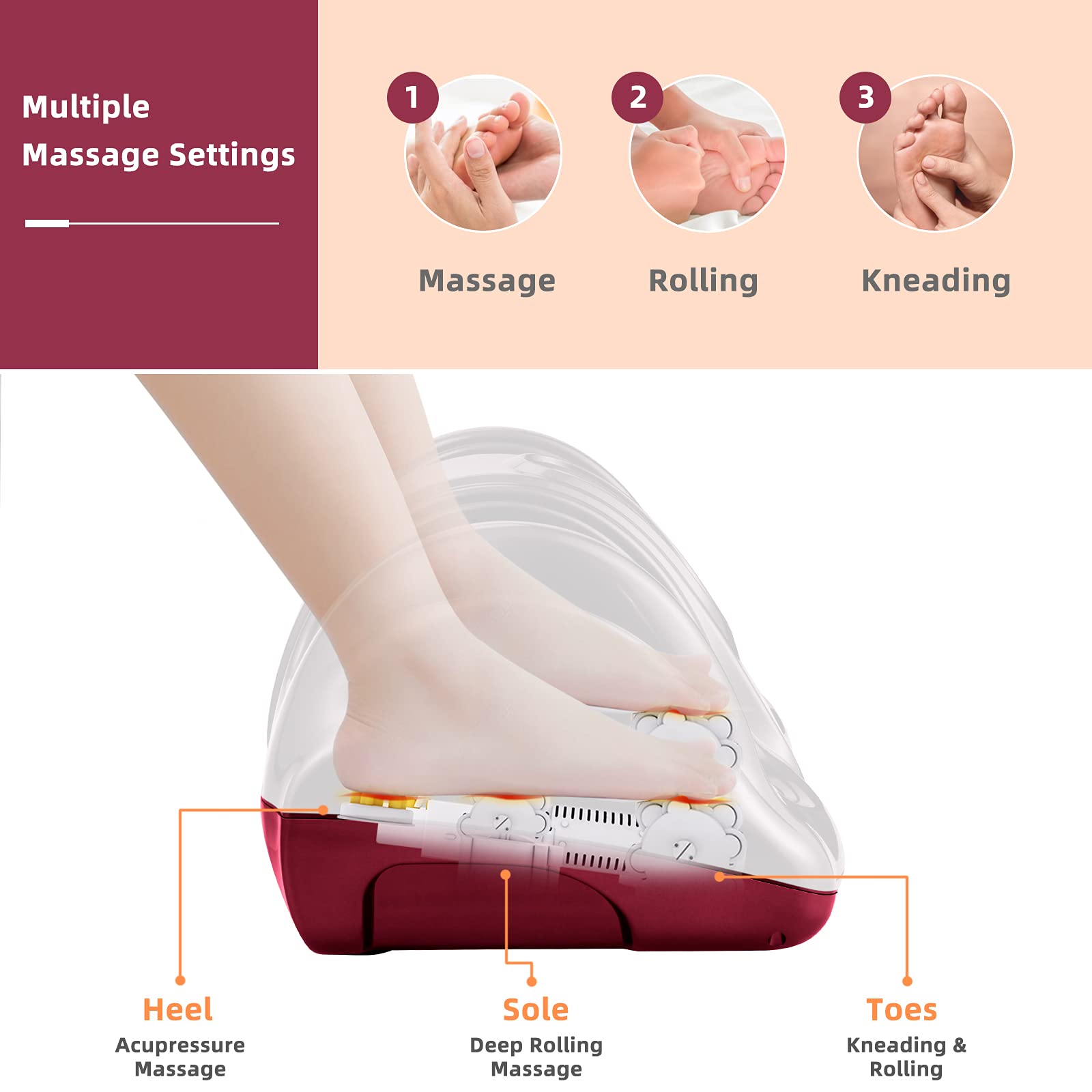 RELAX4LIFE Shiatsu Foot Massager Machine with Remote Control - 4 Programs & 3 Modes for Deep Kneading, Electric Calf & Foot Massage - Relieves Plantar Fasciitis, Tired Muscles - Touch Panel & Burgundy Design - Perfect for Home, Office & Post-Workout Recovery