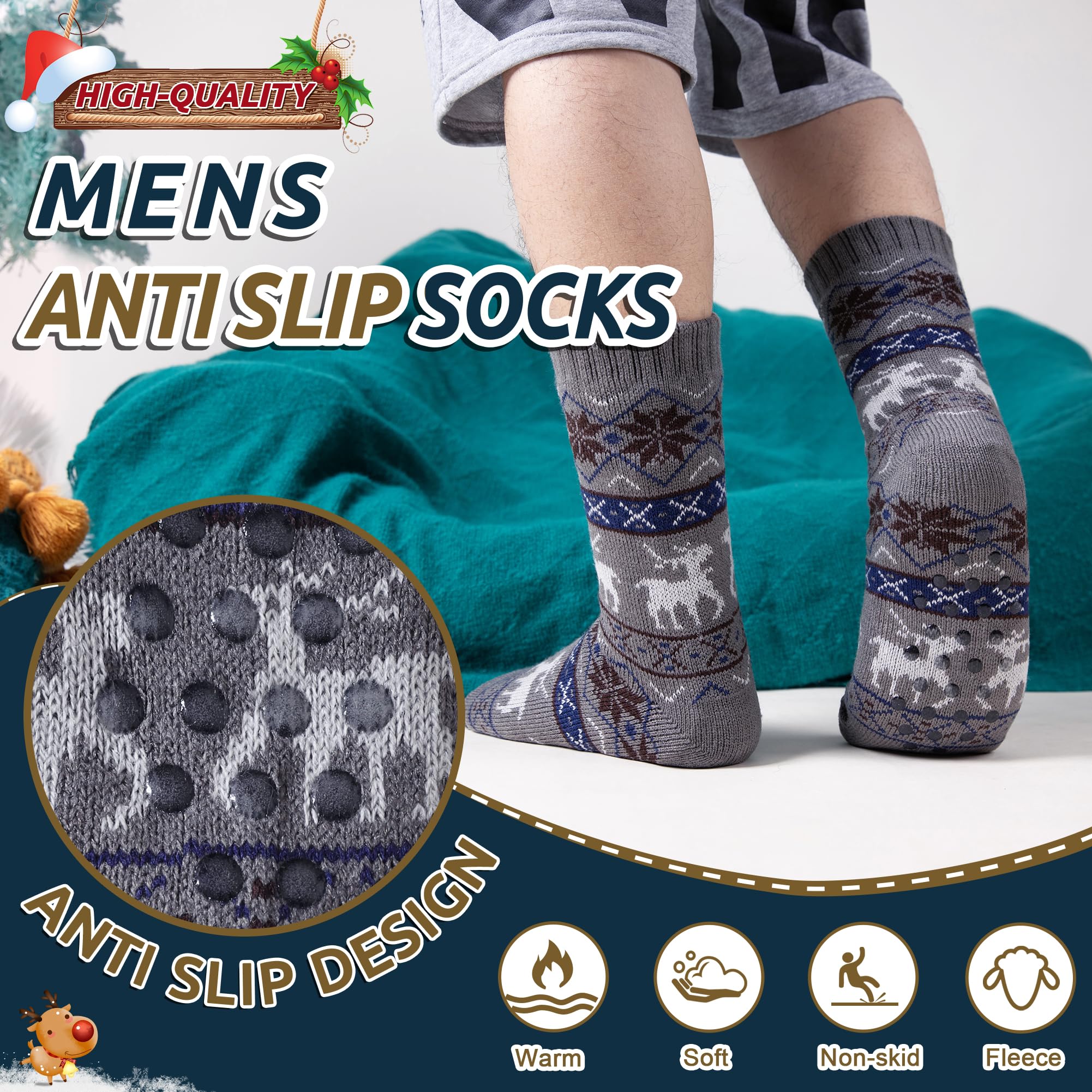 Men's Fleece Lined Thick Winter Slipper Socks - Non-Slip Fuzzy Warm House Shoes for Indoor Comfort & Cozy Sleeping - Perfect for Cold Weather, Lounging at Home and Relaxing