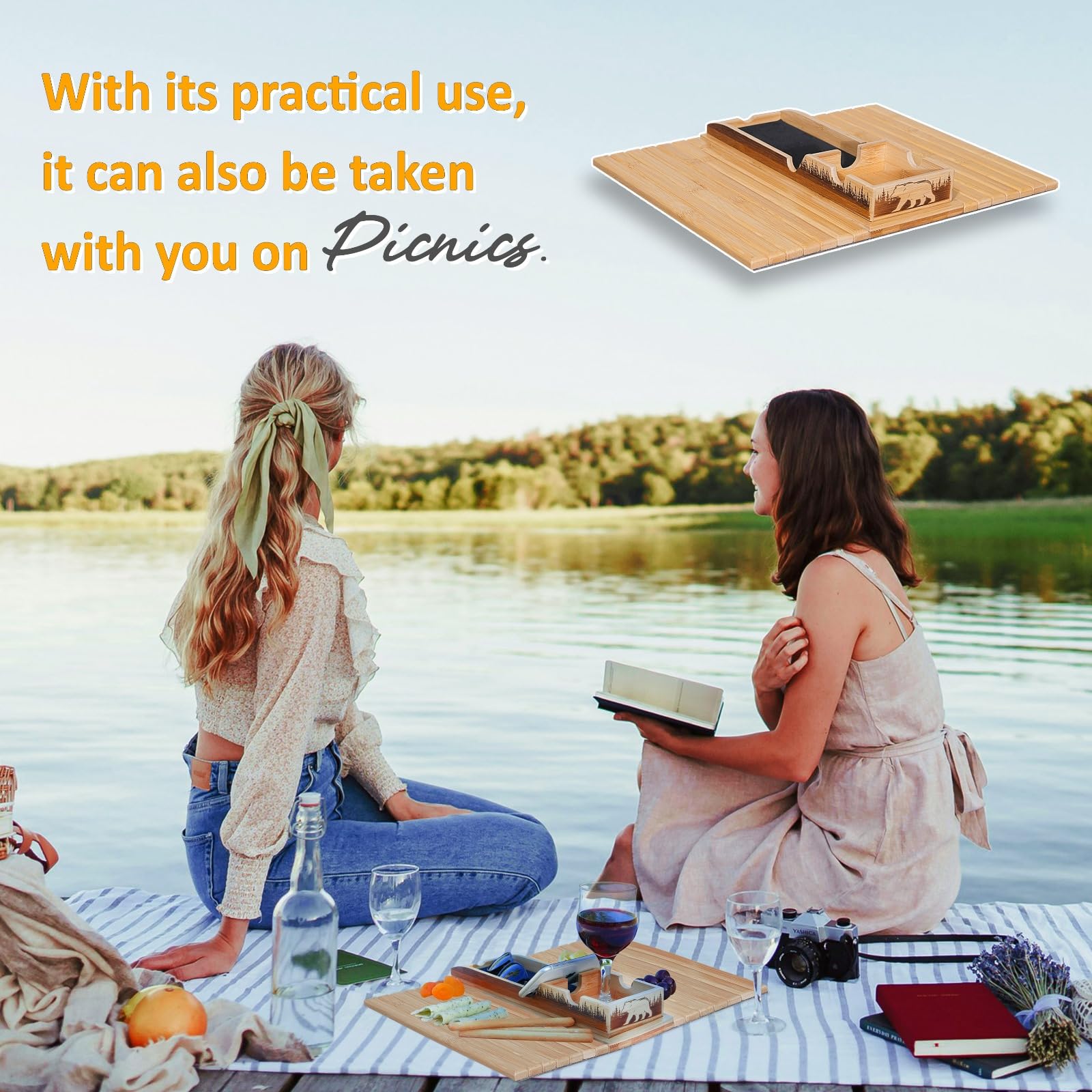 Bamboo Couch Cup Holder Tray - Sofa Arm Table & Side Table for Living Room Furniture | Home Decor Accessories, Couch Organizer, TV Snack Tray - Perfect for Movie Nights & Relaxing in Living Room