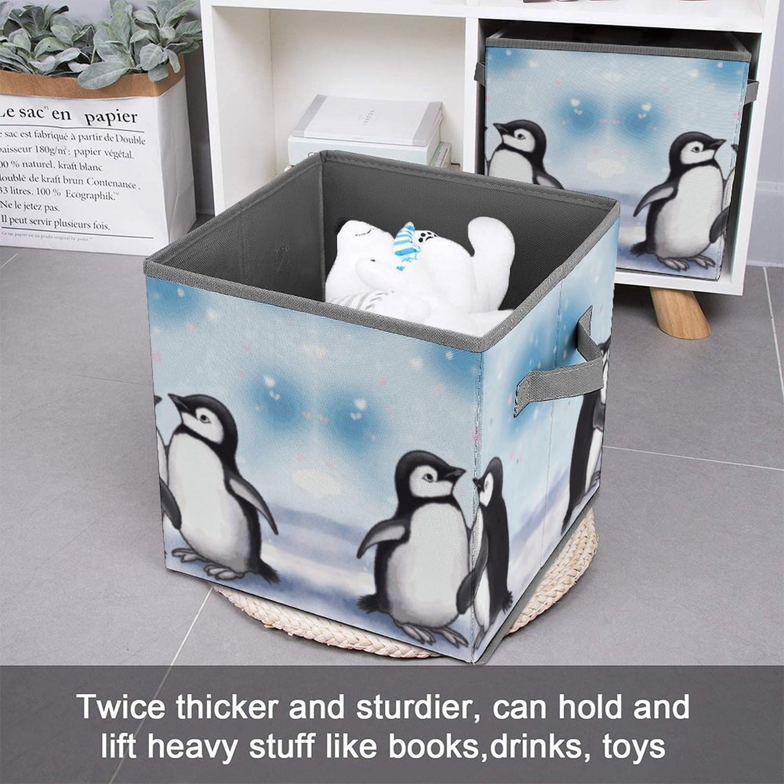 Collapsible Storage Bins with Handles - Penguin Printed Organizing Baskets for Home & Office