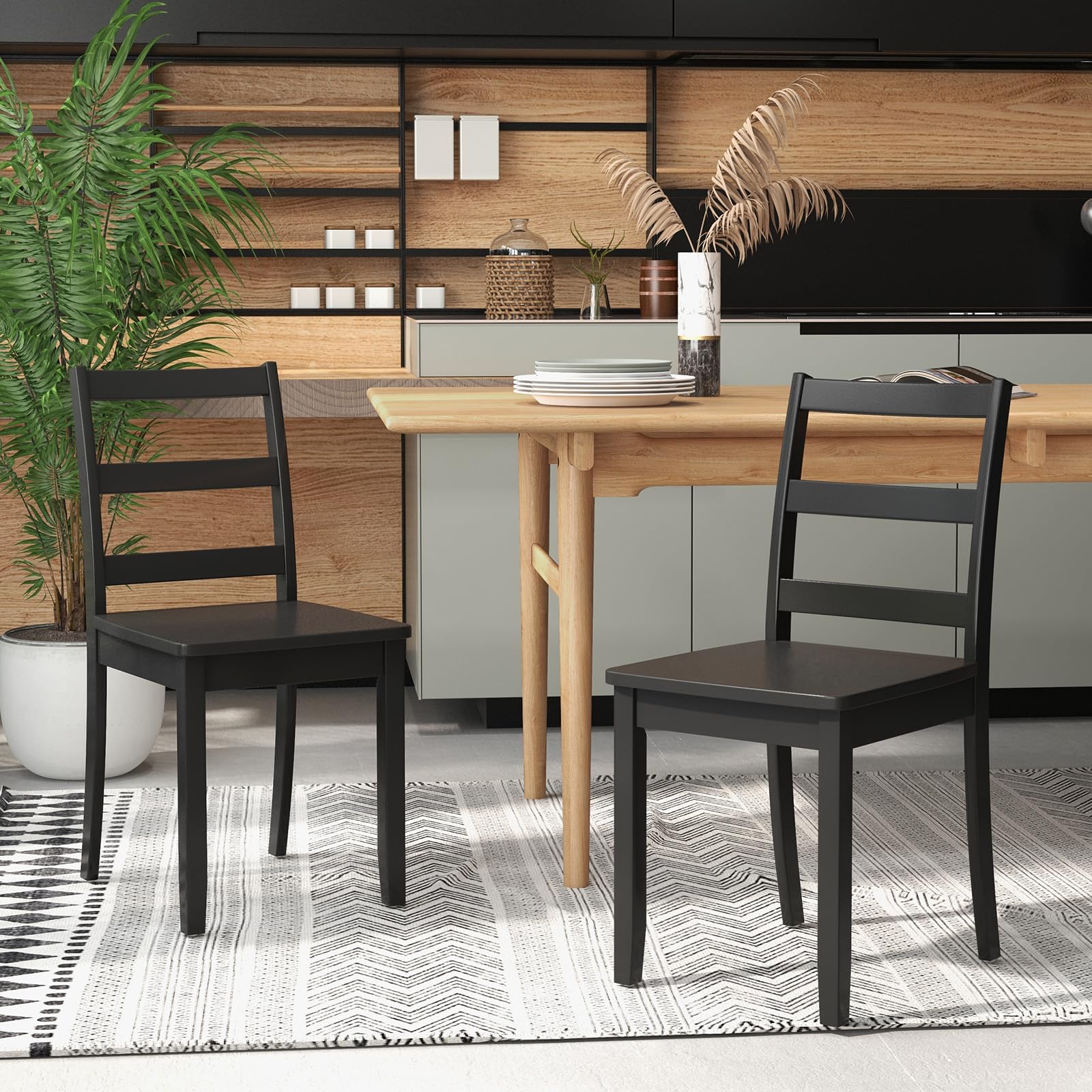 Giantex 4-Piece Black Wooden Dining Chairs Set - Solid Rubber Wood Legs, Non-Slip Foot Pads, 400 Lbs Capacity, Farmhouse Style High Ladder Back Kitchen Chairs for Dining Room, Breakfast Nook & Restaurant Use