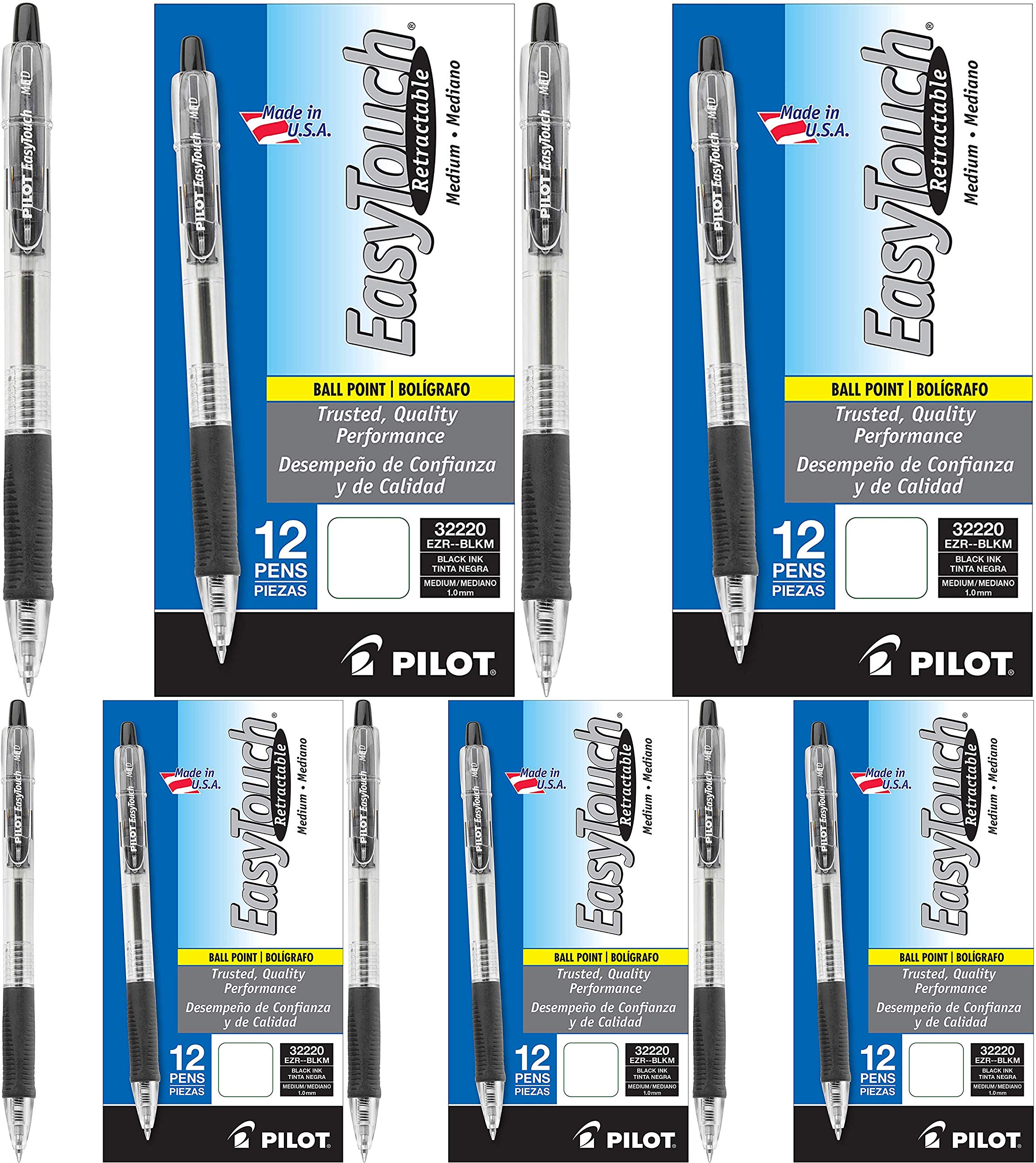 PILOT EasyTouch Refillable Retractable Ballpoint Pens - Medium Point Black Ink (12 Count, 5 Pack) - Smooth Writing for Office, School & Home Use