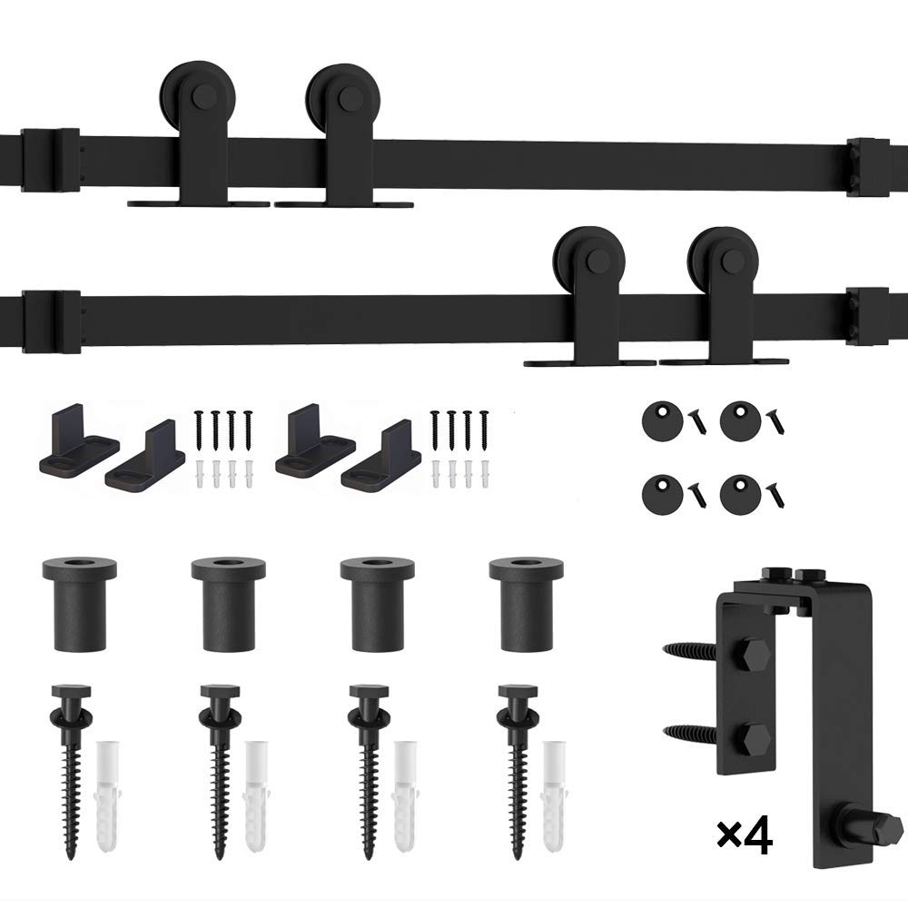 WINSOON Heavy Duty Top Mount Double Bypass Barn Door Hardware Kit - 5 FT Track for Overlapping Double Doors | One-Piece Rail for Smooth & Quiet Sliding | Easy Installation Fits Two 30” Wide Door Panels | Perfect for Bedrooms, Closets & Room Dividers