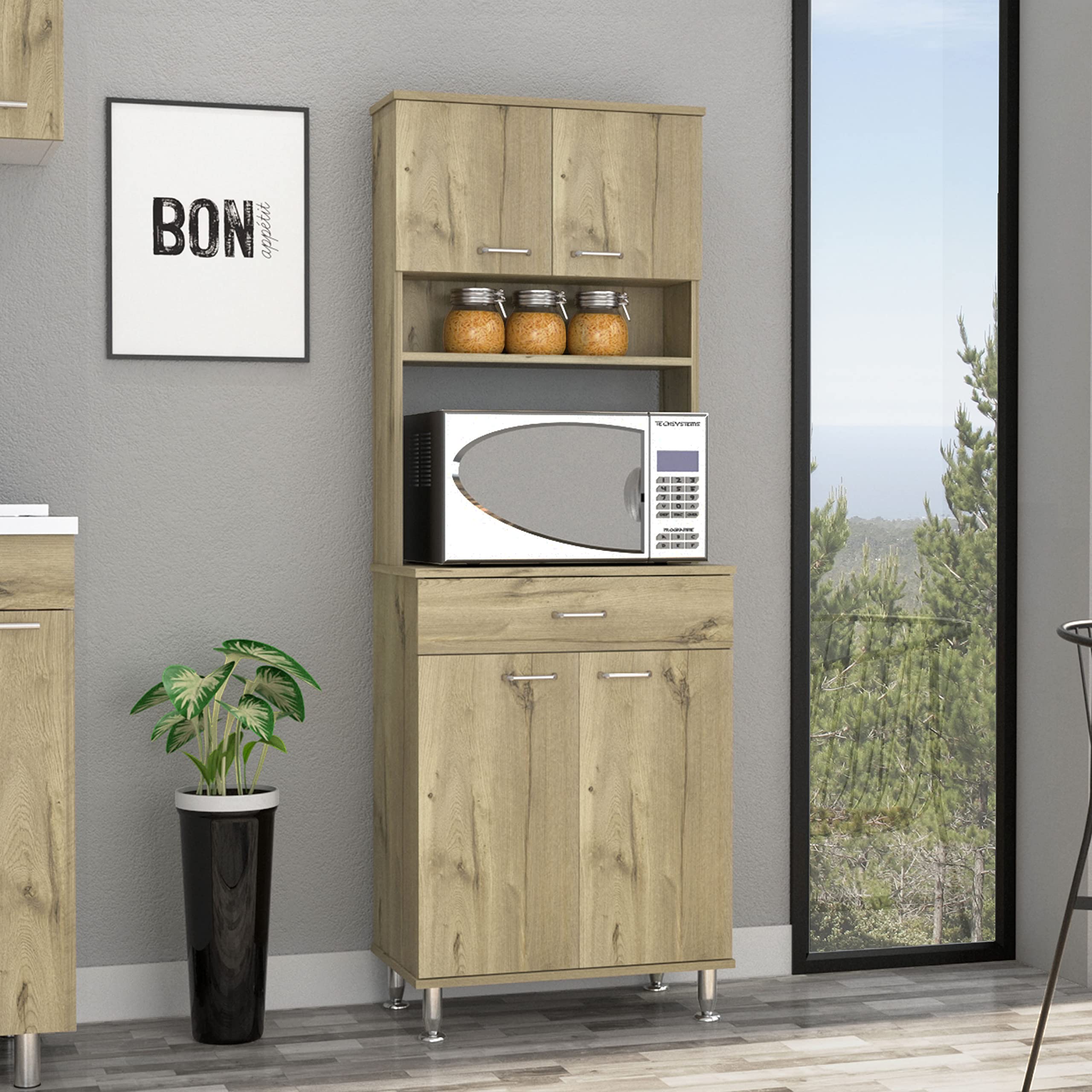 Bay Area Pantry with 2 Double Door Cabinets, Drawer & 2 Open Shelves - Light Oak Kitchen Storage with 4 Metal Legs | Perfect for Small Kitchens, Apartments & Pantry Organization