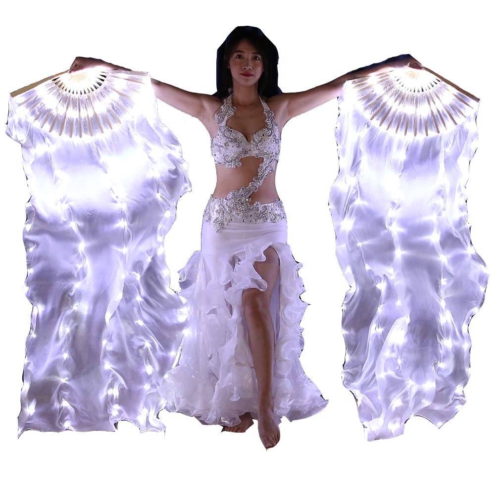 LED Belly Dance Fan Veil - 1.8m Long Handmade Silk Veils with Bamboo Sticks for Professional Performances, Stage Shows & Outdoor Events | Perfect for Belly Dancers, Performers & Dance Enthusiasts
