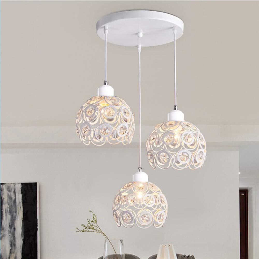 Vintage Industrial Ceiling Pendant Light - Adjustable Round Metal Chandelier with Crystal Lampshade, 3-Light Fixture in White - Perfect for Living Room, Bedroom, and Dining Table Lighting