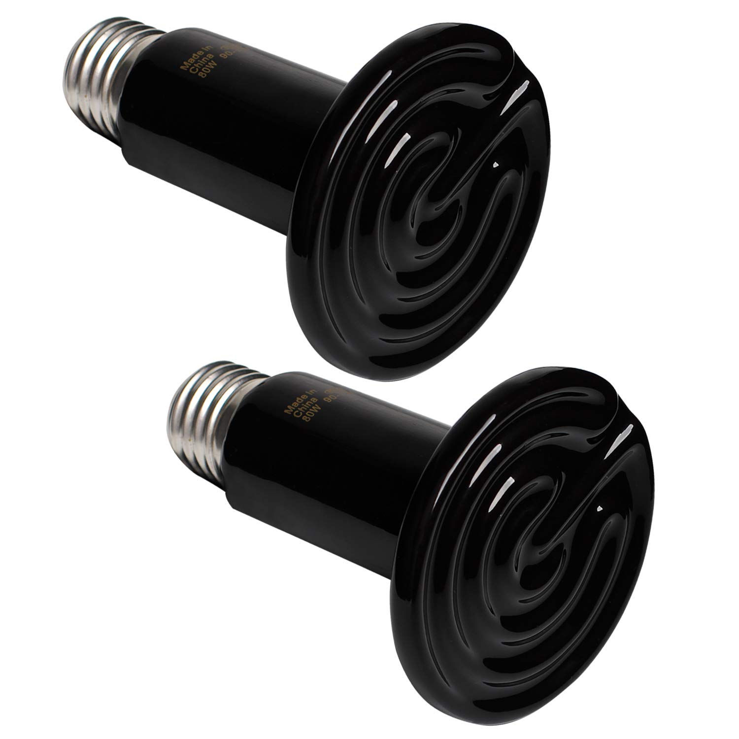 80W Ceramic Heat Emitter Bulb - No Light Reptile Heat Lamp for Amphibians, Chickens & Tortoises - 2 Pack Black - Perfect for Pet Brooders, Coops & Aquariums