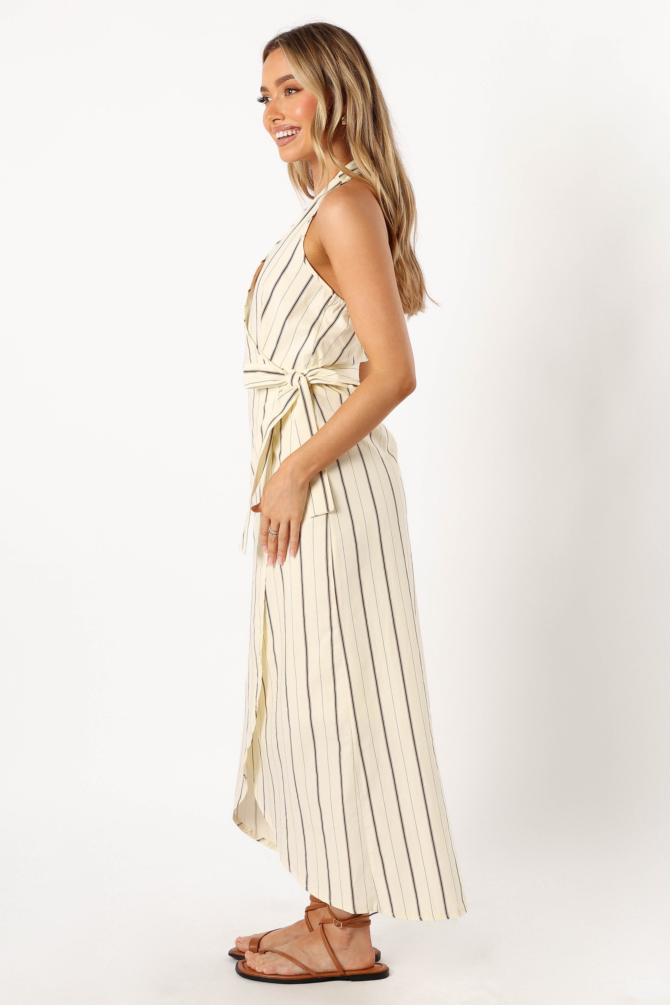Abigail Wrap Midi Dress - Beige Striped Floral Summer Dress for Women | Perfect for Beach Vacations, Date Nights & Garden Parties