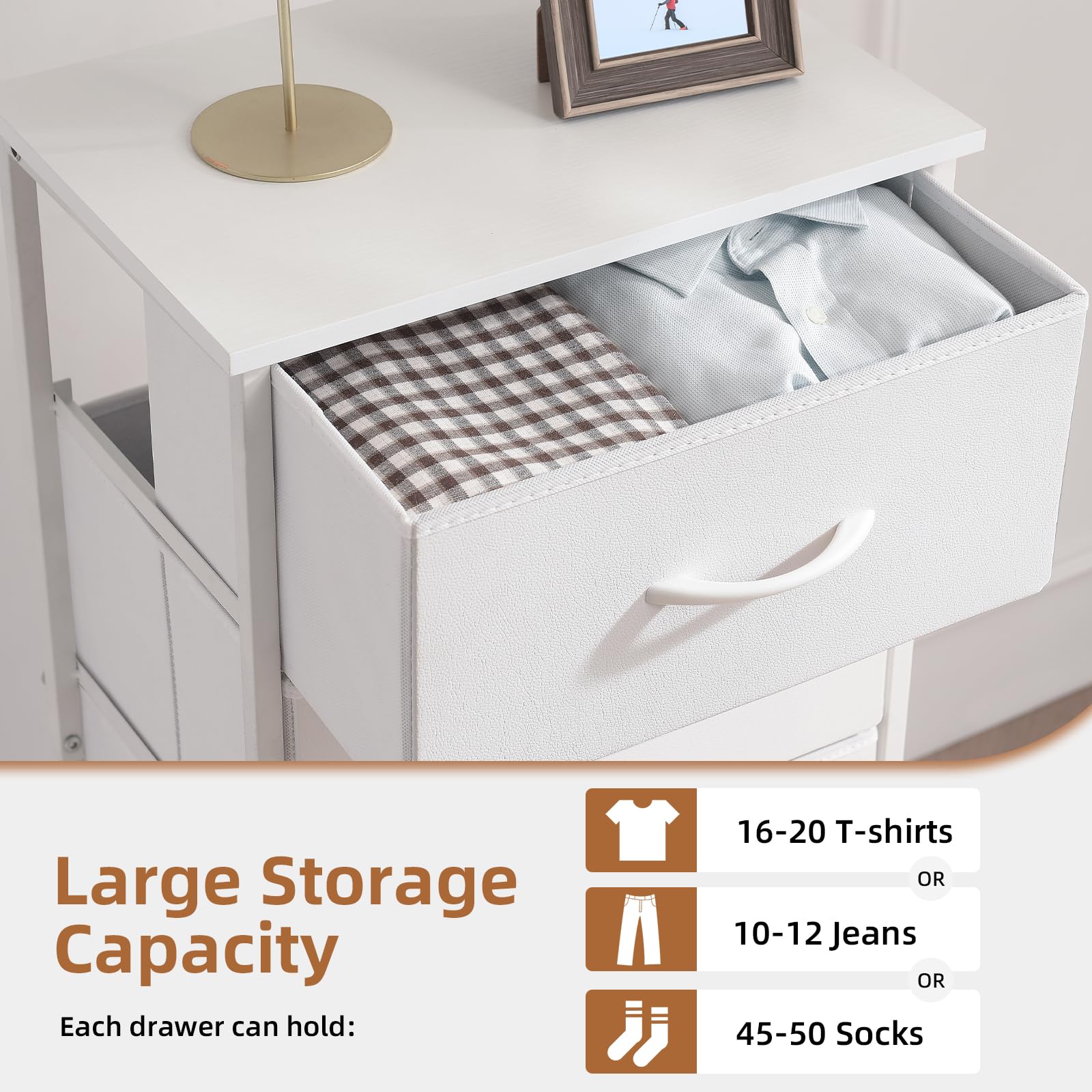 Somdot White Nightstand with 3 Drawers - Modern Bedside Table & Dresser for Bedroom, Dorm, or Closet - White Leather Finish with Fabric Bins | Perfect for Small Spaces, Guest Rooms & Apartment Living