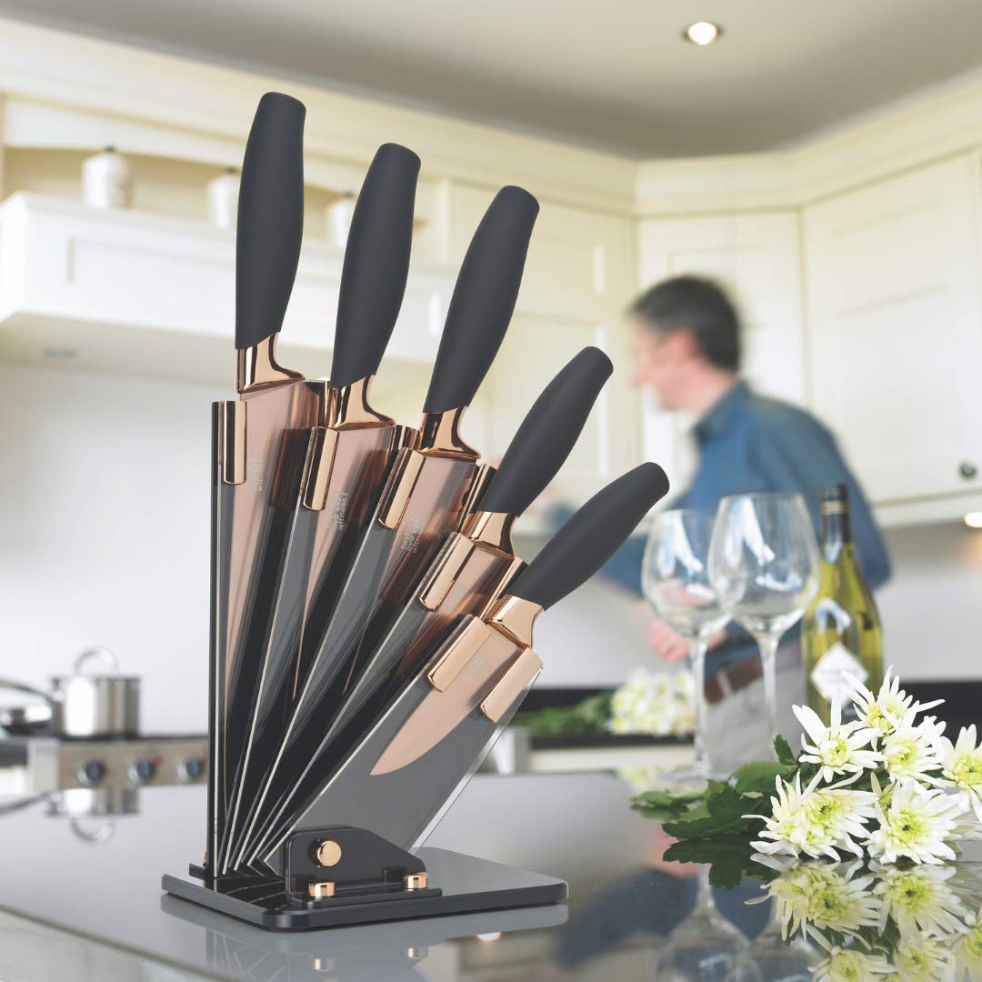 5-Piece Premium Kitchen Knife Set with Wooden Block - Brooklyn by Taylors Eye Witness | Rose Gold Bolsters, Razor-Sharp Titanium Coated Blades, Ergonomic Soft-Grip Handles | Modern Fan-Shaped Knife Holder for Professional Chefs & Home Cooking