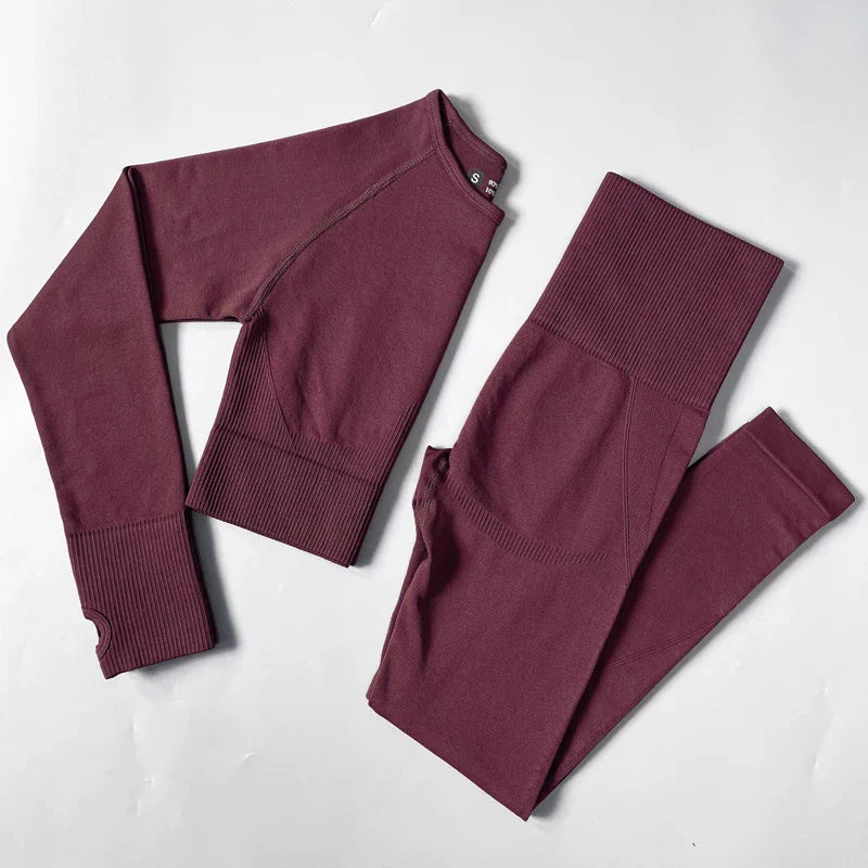 2/3/4PCS Women's Seamless Yoga Outfit - Long Sleeve Crop Top & High Waist Leggings Set for Yoga, Gym, Workout & Fitness | Perfect for Home Exercise, Running & Activewear