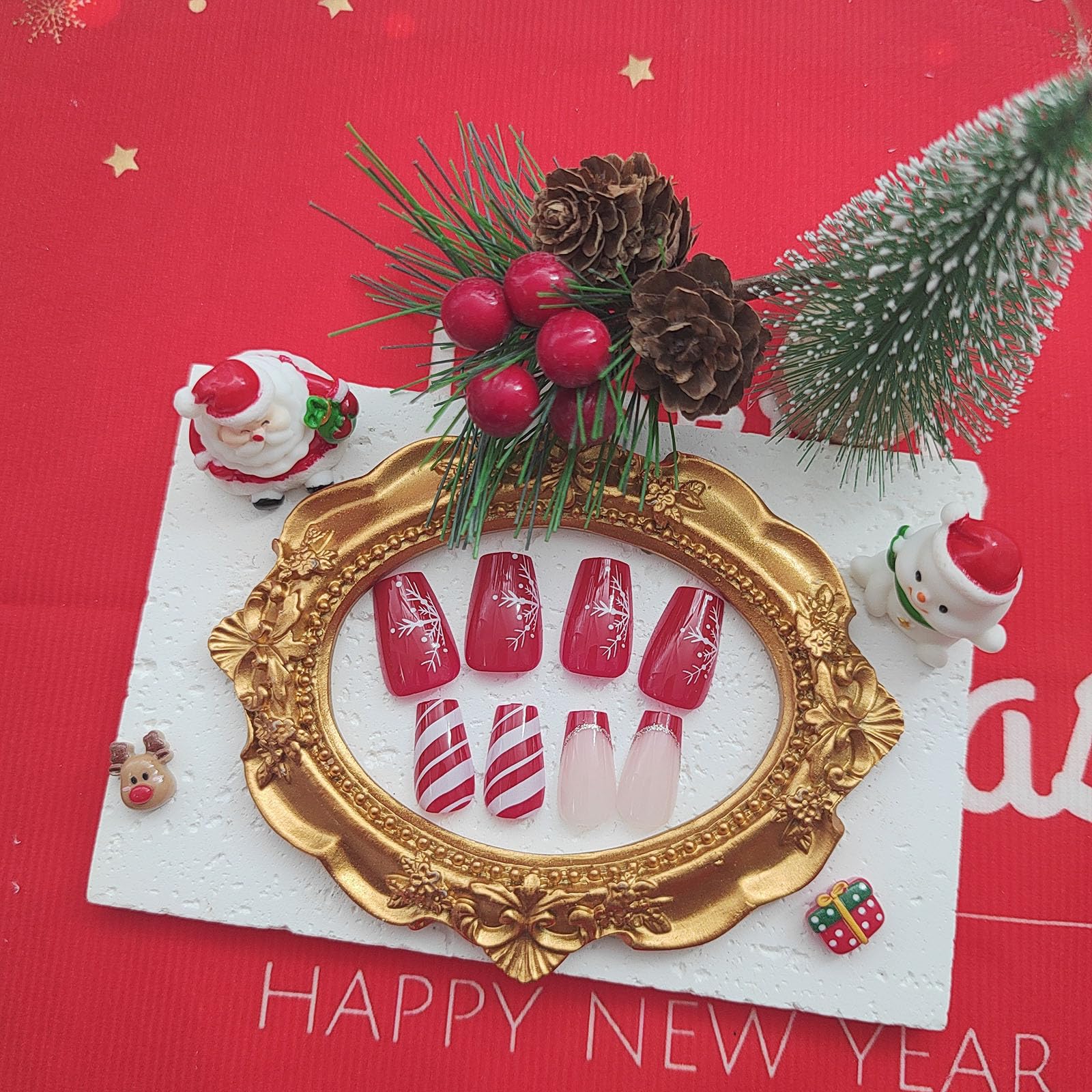 Festive Christmas Press on Nails - 24Pcs Short Coffin Fake Nails with Snowflake & Stripe Designs, French Tip Winter Nails, Glossy Red Acrylic Stick on Nails for Women | Perfect for Holiday Parties, Gift Giving & Winter Celebrations