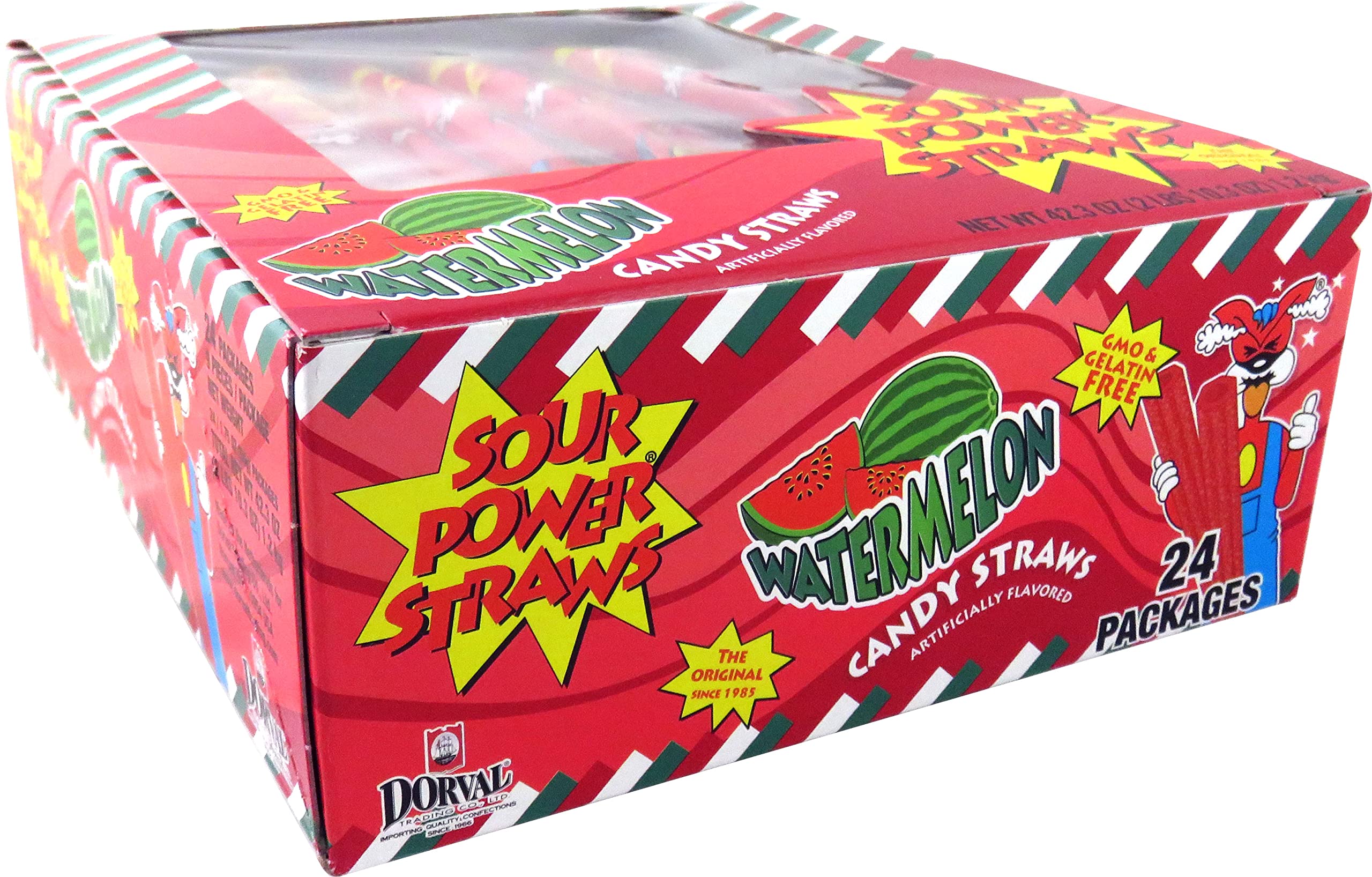 Sour Power Candy Straws - Watermelon Flavor - 1.75 oz (Pack of 24) | Fun Party Favors, Halloween Treats & Office Snacks
