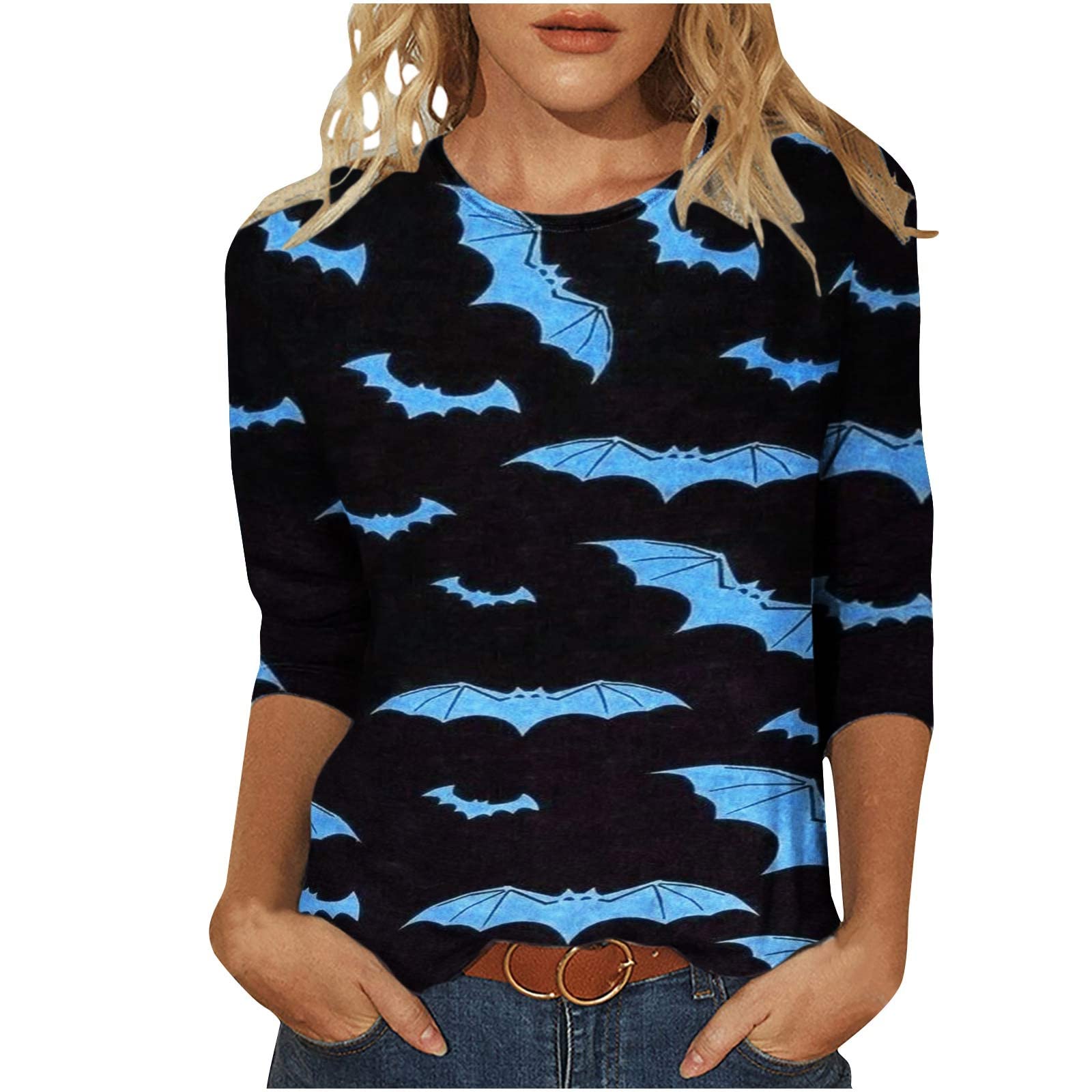 Uppada Women's Long Sleeve Halloween Bat Print T-Shirt - Lightweight Fall Crewneck Blouse for Casual Wear & Comfort | Perfect for Halloween Parties, Autumn Outfits & Everyday Fashion
