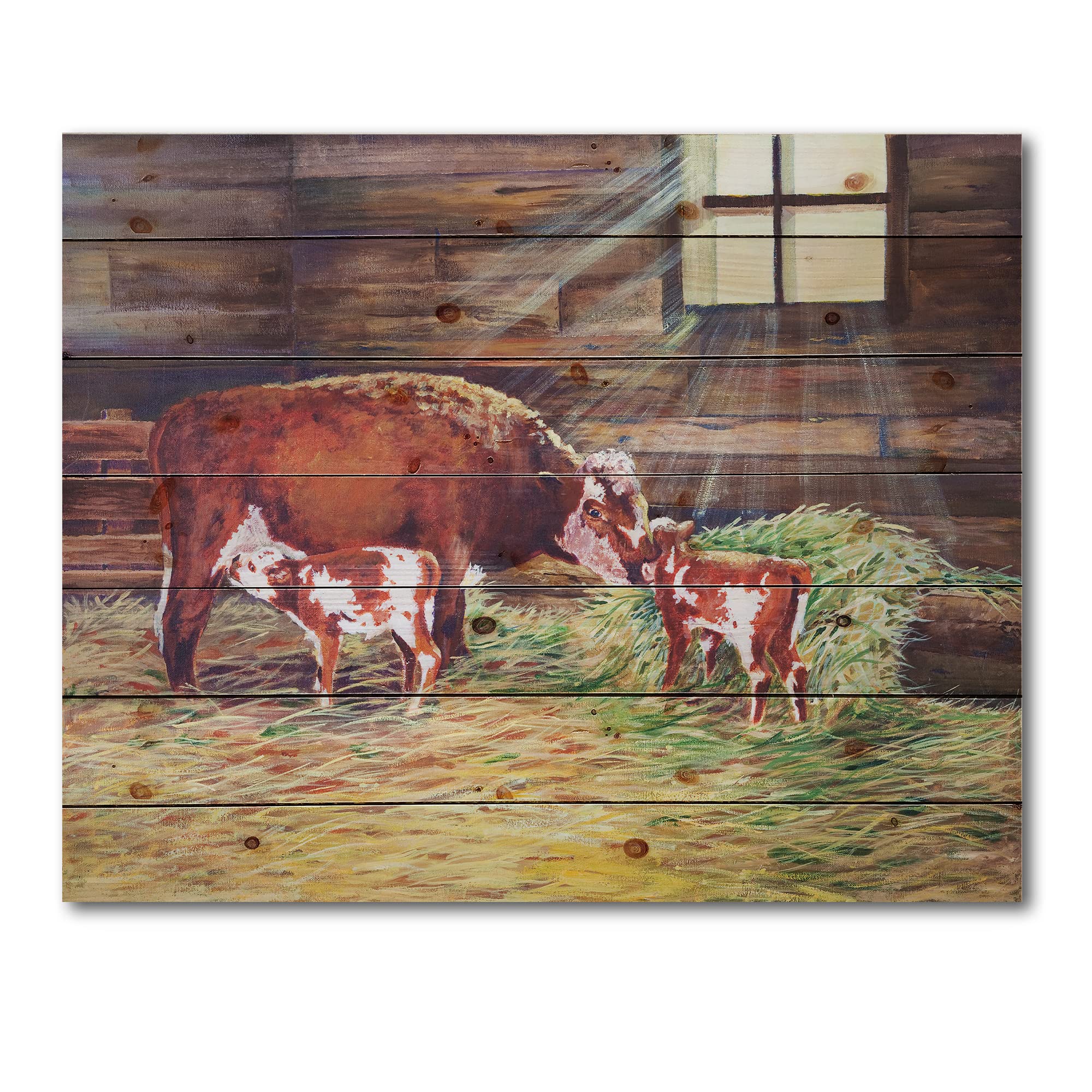DesignQ Farmhouse Wood Wall Decor - Newborn Twin Calves at The Farm Brown Wood Wall Art, Large Animal Wood Panels Printed on Natural Pine - Perfect for Nursery, Living Room & Country Home Decor