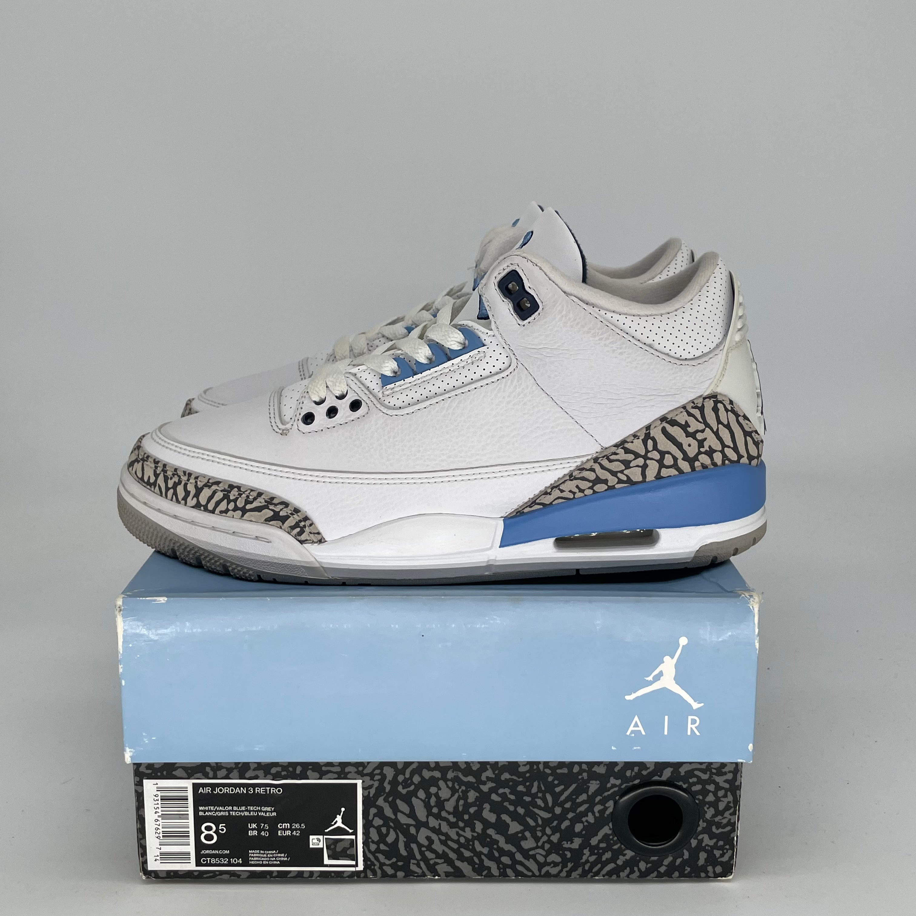AIR JORDAN 3 UNC Sneakers - Men's Size 8.5/Women's Size 10 - Style CT8532-104 - Classic Blue & White Basketball Shoes for Casual Wear & Sports