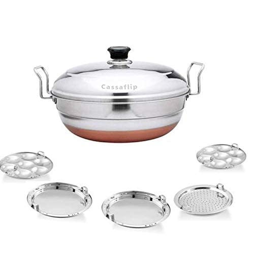 Premium Stainless Steel Idli Cooker & Multi Kadai Steamer Set - 5 Plates, Copper Induction Bottom - Perfect for Indian Cooking, Healthy Meals & Party Snacks