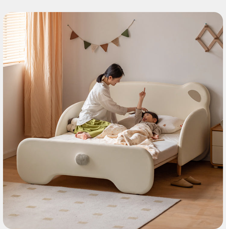 Organic Birch Solid Wood Retractable Kids Bed with Genuine Leather - Perfect for Toddler Rooms, Daycare Centers & Small Spaces