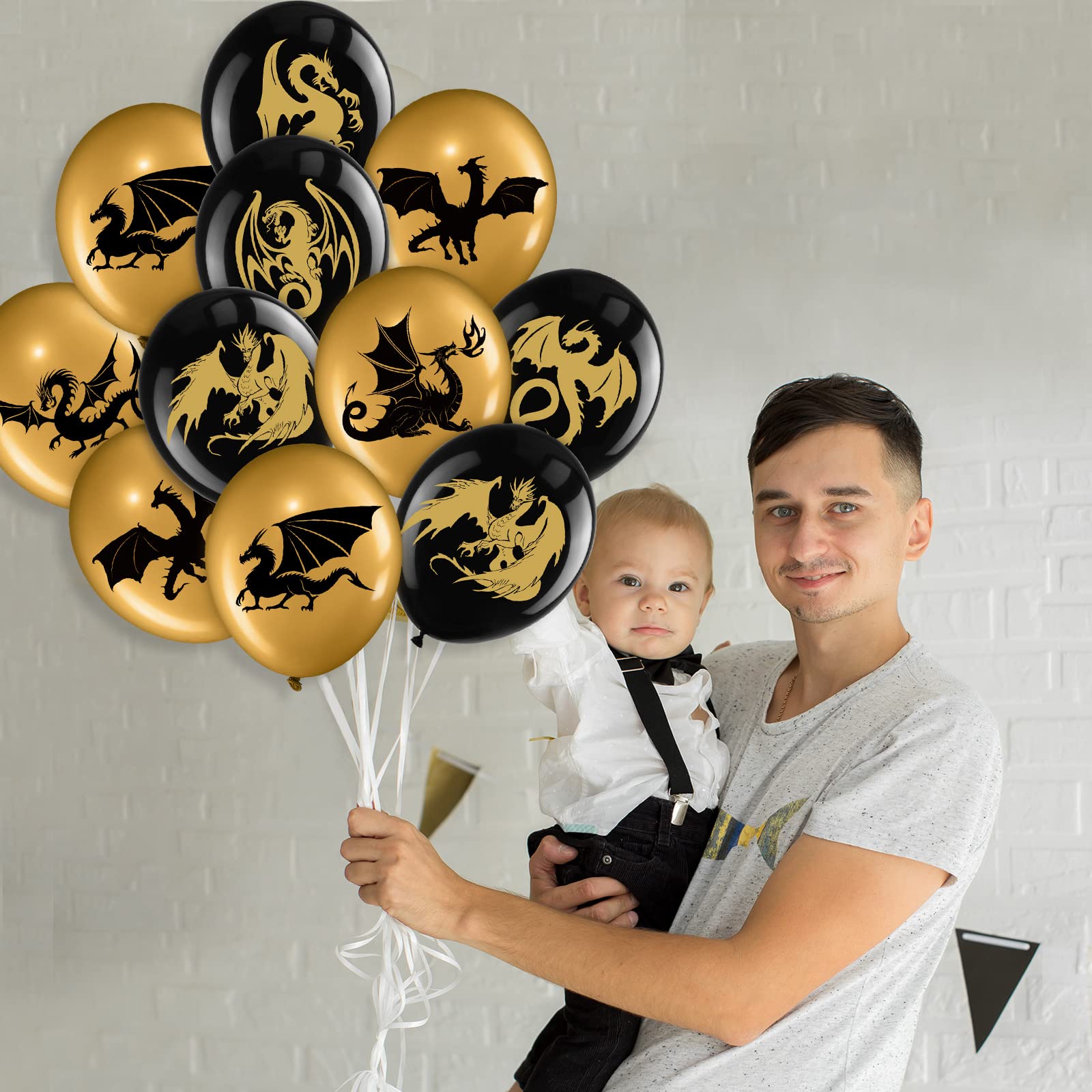 Zomiboo 50-Piece Dragon Theme Party Supplies Set - Black Gold Fantasy Birthday Decorations with 12-Inch Balloons for Medieval, D&D, and Fantasy Themed Parties