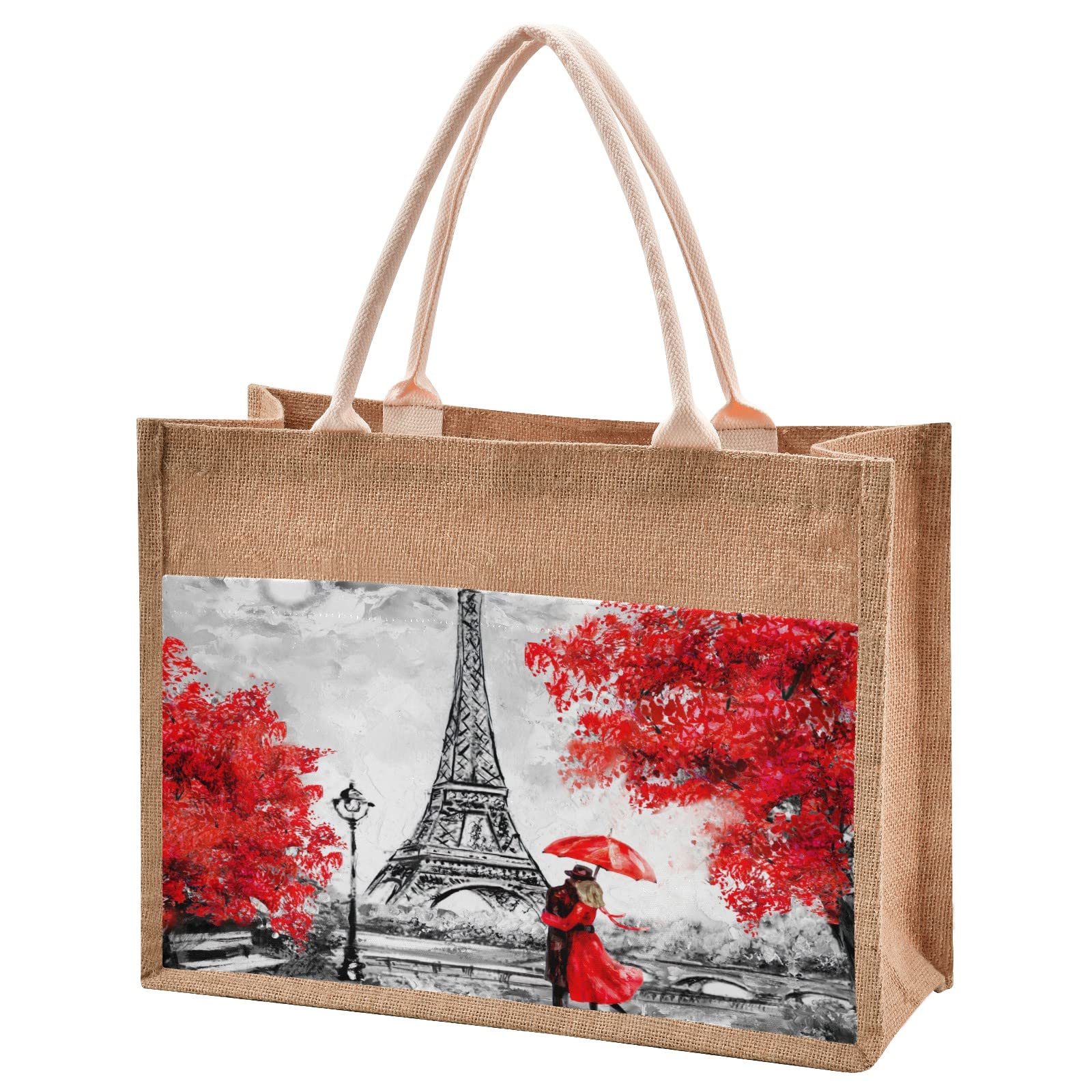 Linqin Eiffel Tower Romantic Love Jute Tote Bag - Waterproof Burlap Straw Grocery Shopping Bag for Women, Travel, Beach & Picnic - Eco-Friendly Reusable Market Tote with Parisian Design