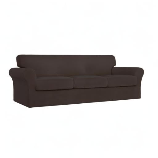 Stretch Couch Cover for Dogs & Pets - 4 Piece Washable Sofa Slipcover with Elastic Spandex - Fits 3 Cushion Oversized Couches - Chocolate Brown Furniture Protector for Pets & Kids - Perfect for Pet Owners & Family Homes