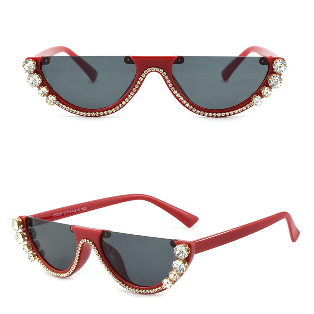 Vintage Cat-Eye Sunglasses for Women - Retro Half-Frame Diamond Studded Glasses - Small Narrow Cat-Eye Shades (Color: Gold) | Perfect for Beach, Driving & Fashion Accessories