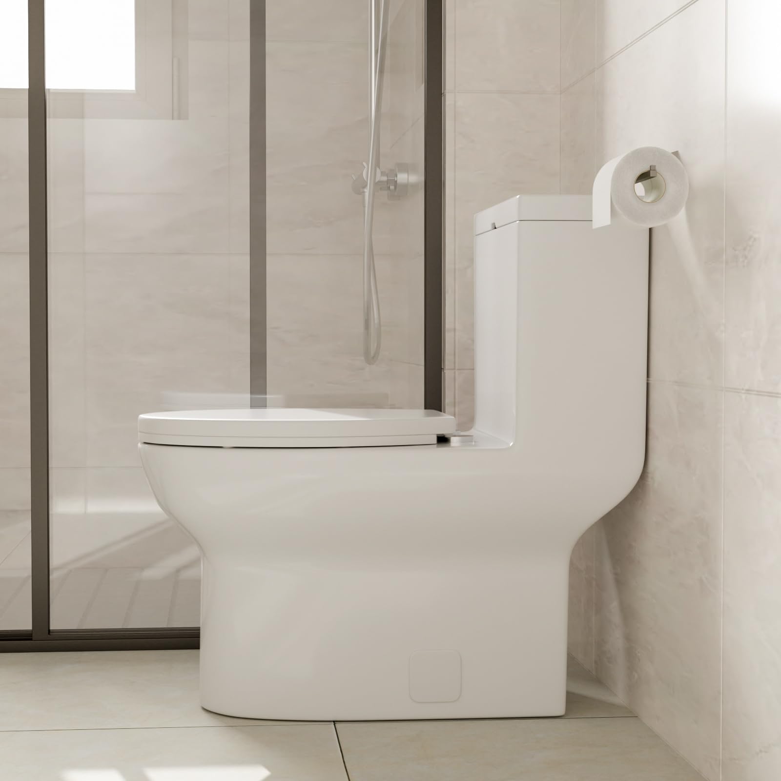 Modern White Ceramic One Piece Toilet - Comfort Height Elongated Round Bowl, Single Flush, 12