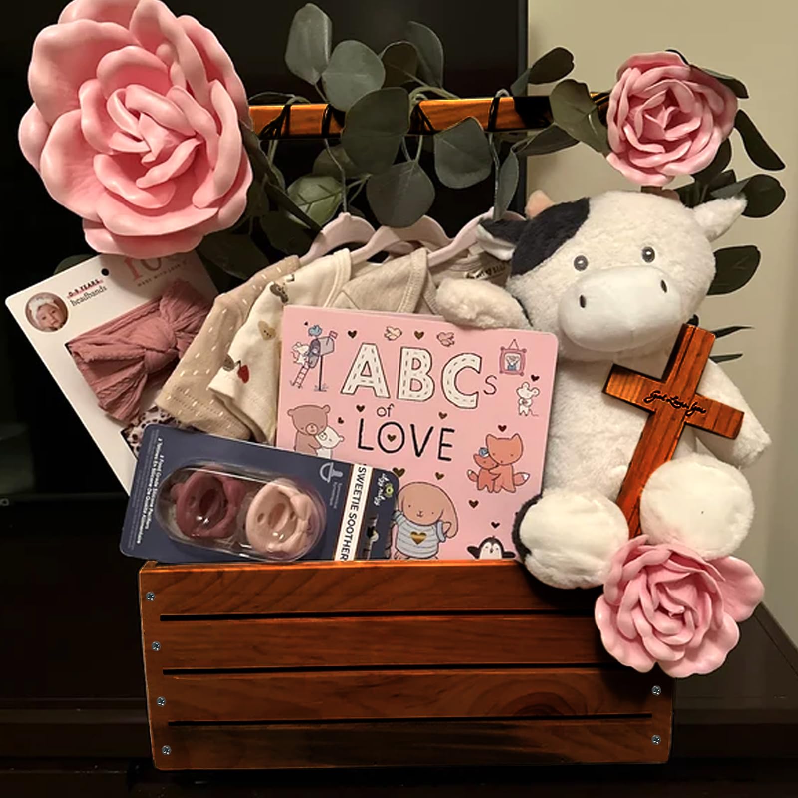 Large Wooden Baby Basket with Handle - Baby Shower Gift Crate & Nursery Storage Organizer for Newborns | Perfect for Baby Showers, Nursery Decor & Pregnancy Gifts (Brown)