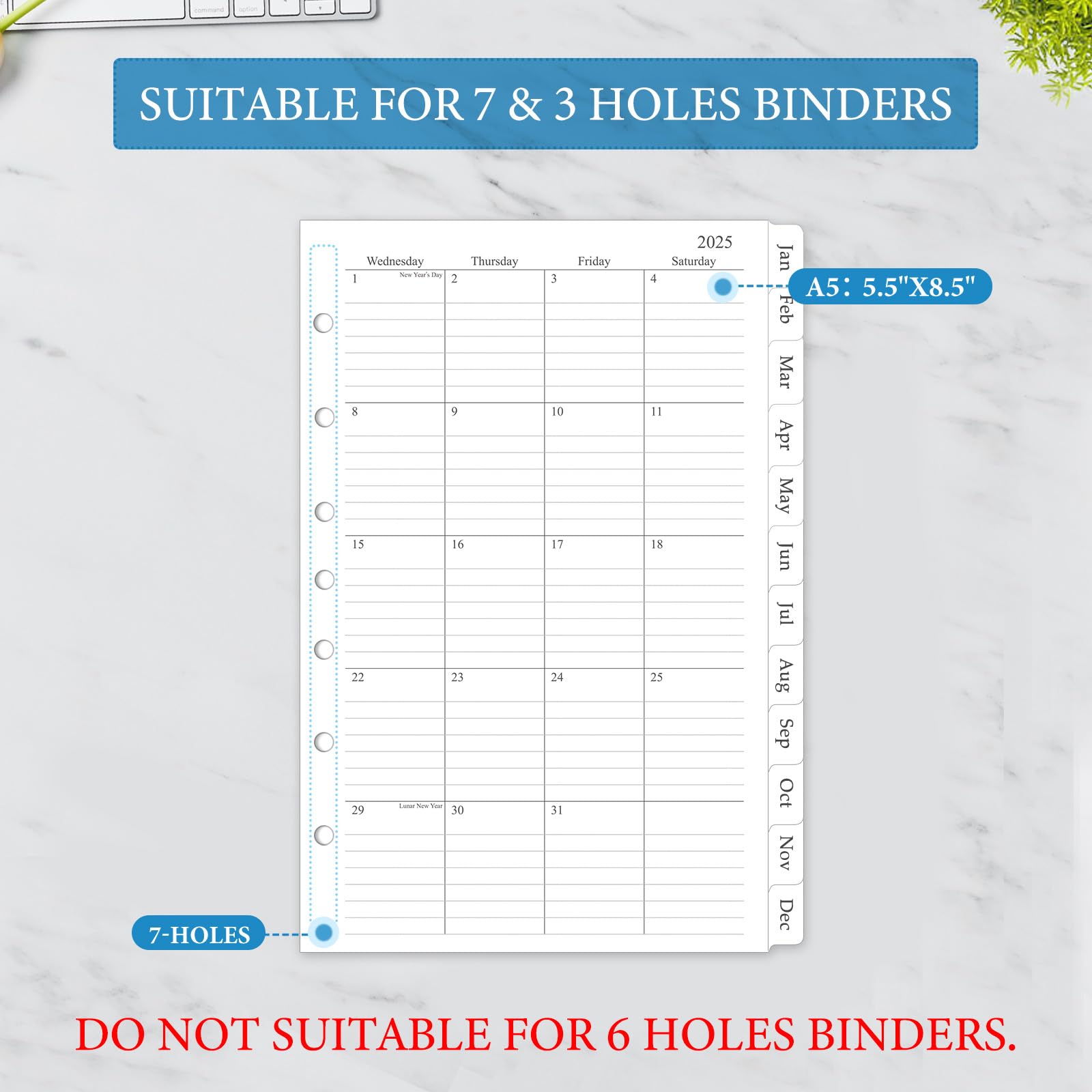 2025 Monthly Planner Refill Inserts - 7 Ring Binder, 12 Month Calendar with Tabs, 5.5