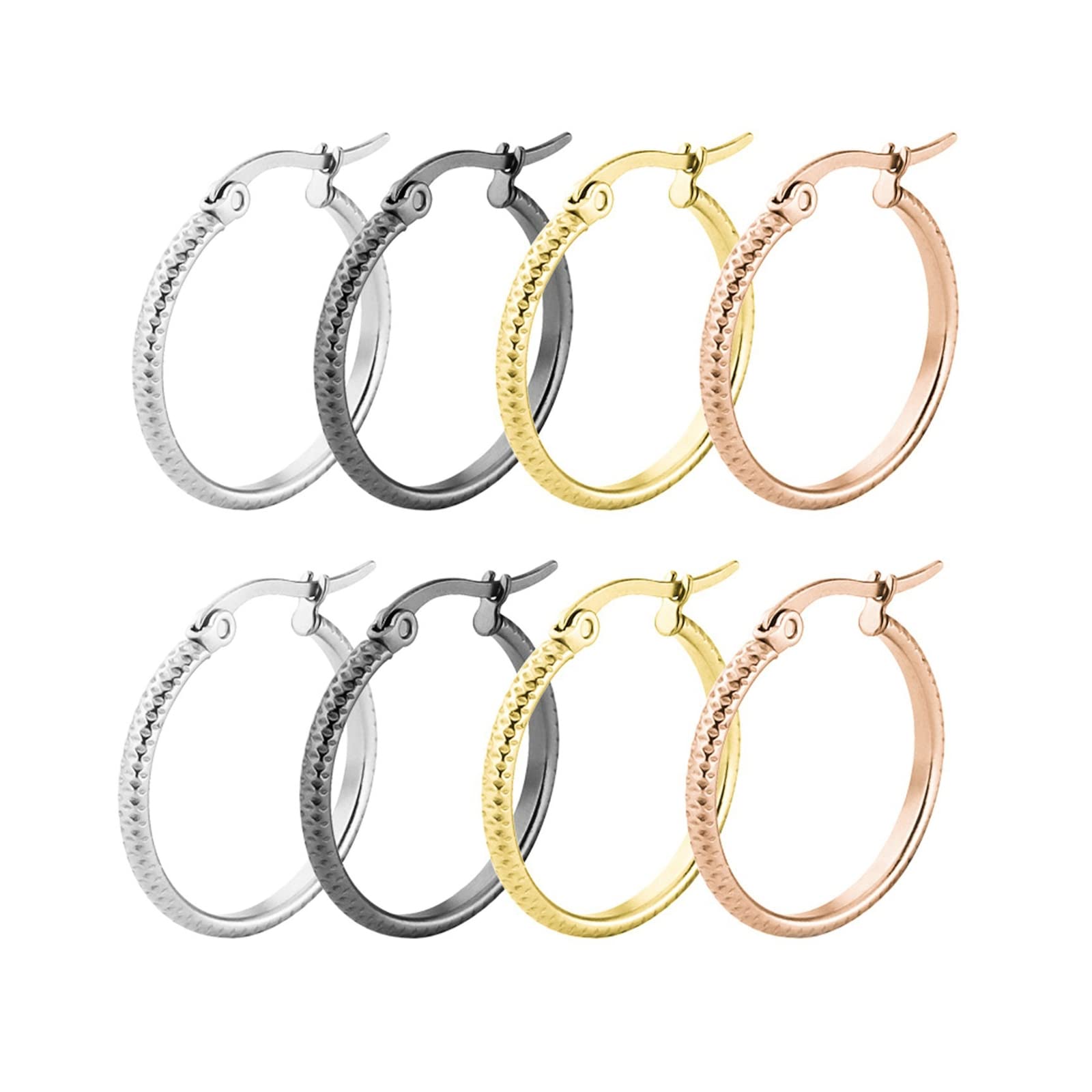 Titanium Hoop Earrings for Women - 4 Pairs (8PCS) Silver, Gold, Black & Rose Gold Big Circle Earrings 15/20/25/30MM - Perfect for Everyday Wear, Parties & Gifts