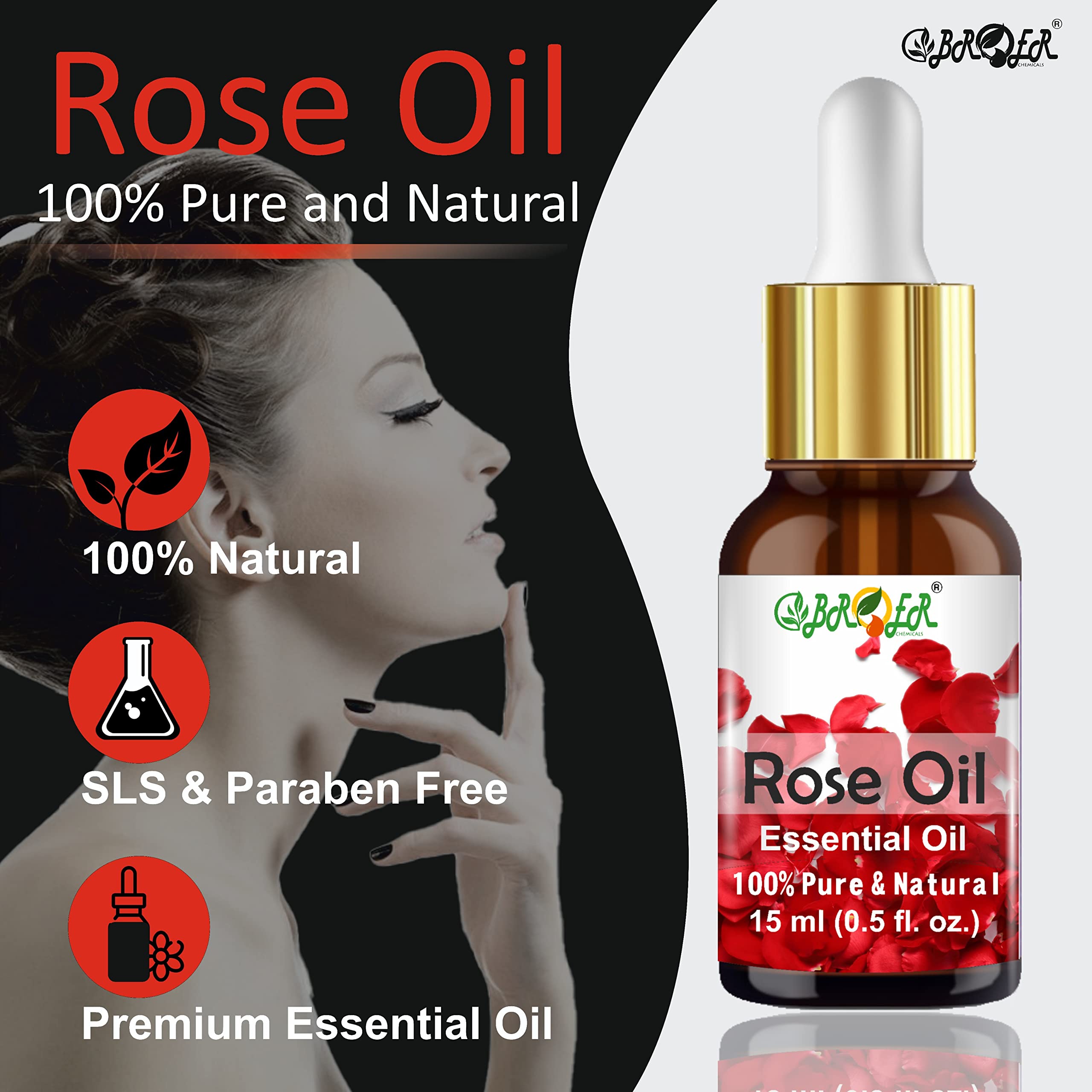 BROER 100% Pure Ylang Ylang & Rose Essential Oil Set - 15ml Each, Undiluted Natural Aromatherapy Oils for Skin Care, Hair Growth & Relaxation - Perfect for Diffusers, Massage & DIY Beauty Products (2-Pack, 30ml Total)