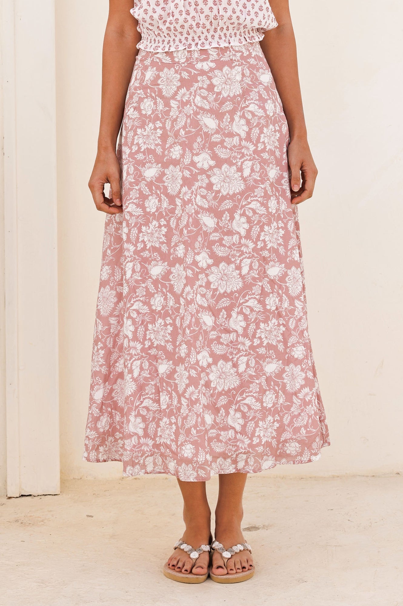 Neve Skirt - Blossom Dusty Pink & White Floral Midi Skirt for Women | Perfect for Spring, Summer, Weddings & Date Nights