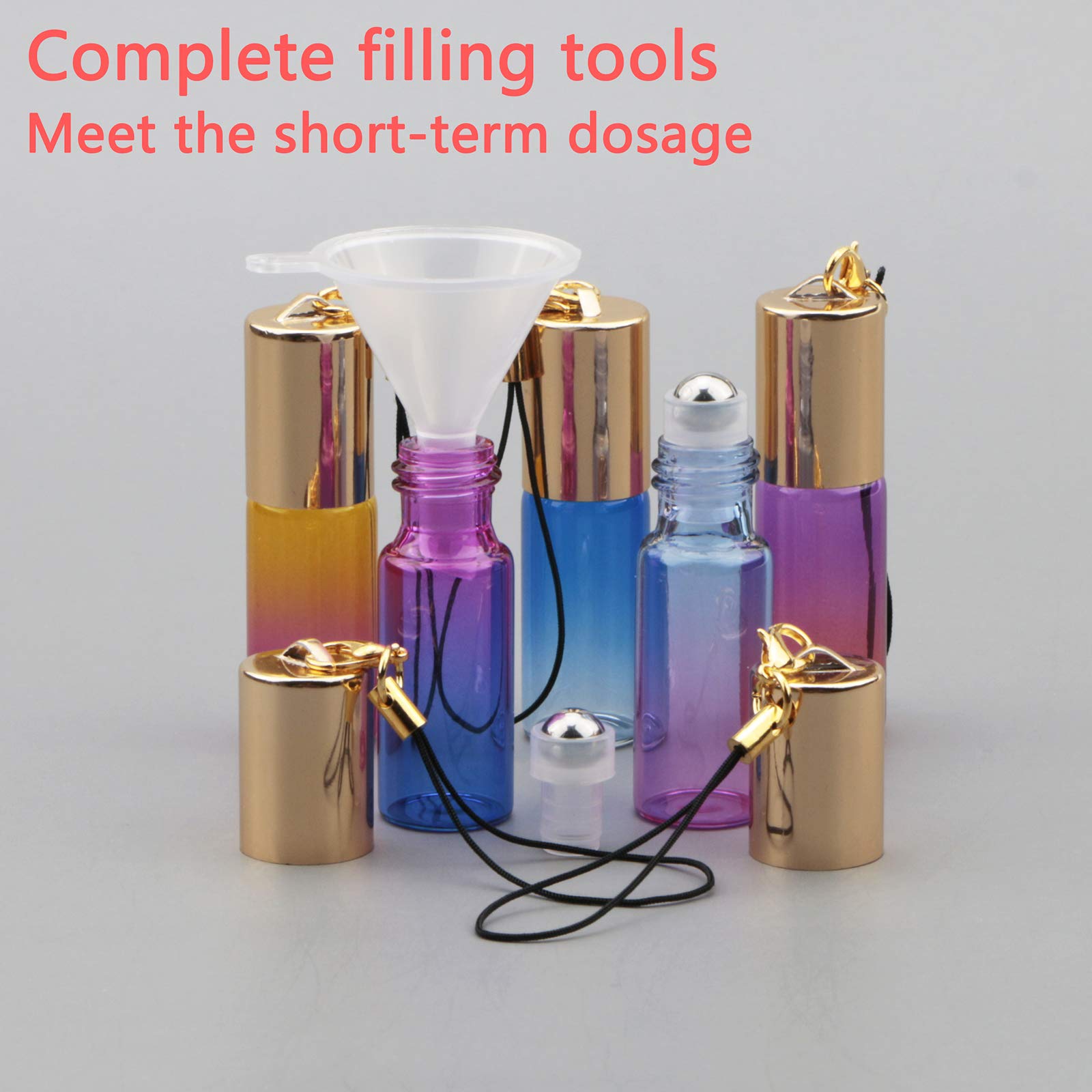 15 Pack 5ml Stainless Steel Ball Roller Bottles with Gold Cap - Gradient Color Glass Essential Oil Roller Bottles for Perfume, Aromatherapy & Organic Oils - Includes 1 Opener + 2 Funnels - Perfect for DIY Essential Oil Blends, Travel & Gift Giving