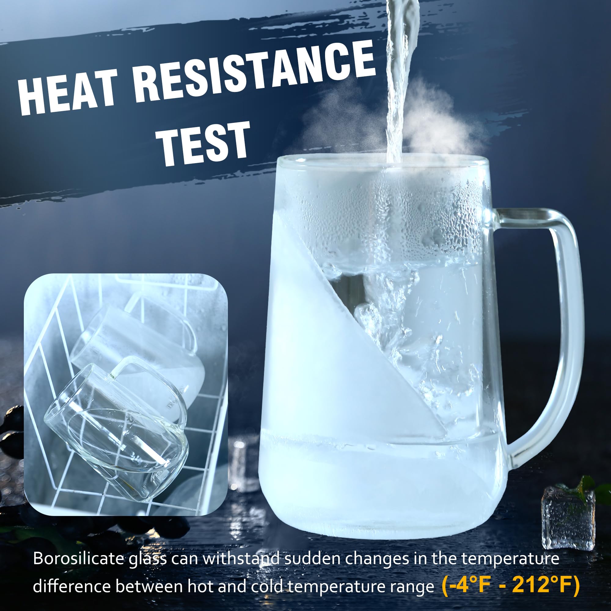 Convend Double Wall Clear Borosilicate Glass Beer Mugs - 16 Oz Freezer Safe Cups with Handle for Beer, Milk, Juice - Set of 2 - Perfect for Chilling Drinks, Parties, and Home Bars