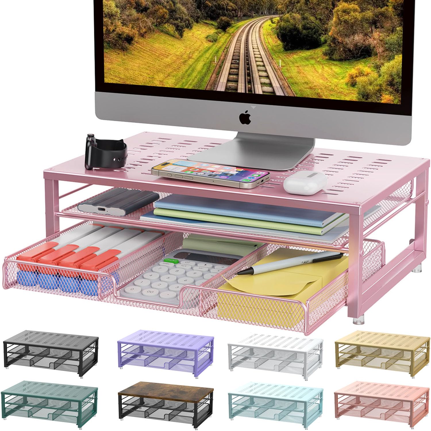 Gianotter Computer Monitor Stand Riser with Storage Drawer - Pink Desk Organizer for Office & Classroom Supplies | Perfect for Laptop Elevation, Document Storage and Workspace Organization