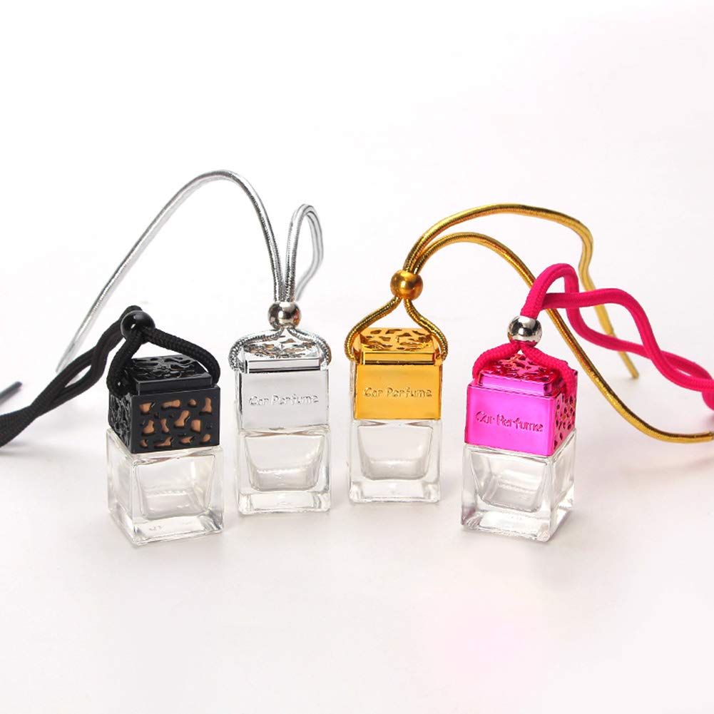 4 Pack Empty Square Essential Oil Diffusers for Cars - Hanging Air Freshener Bottles with Perfume, Rearview Mirror Decor & Car Accessories (Pink) - Perfect for Vehicle Aromatherapy, Office Desk & Home Fragrance